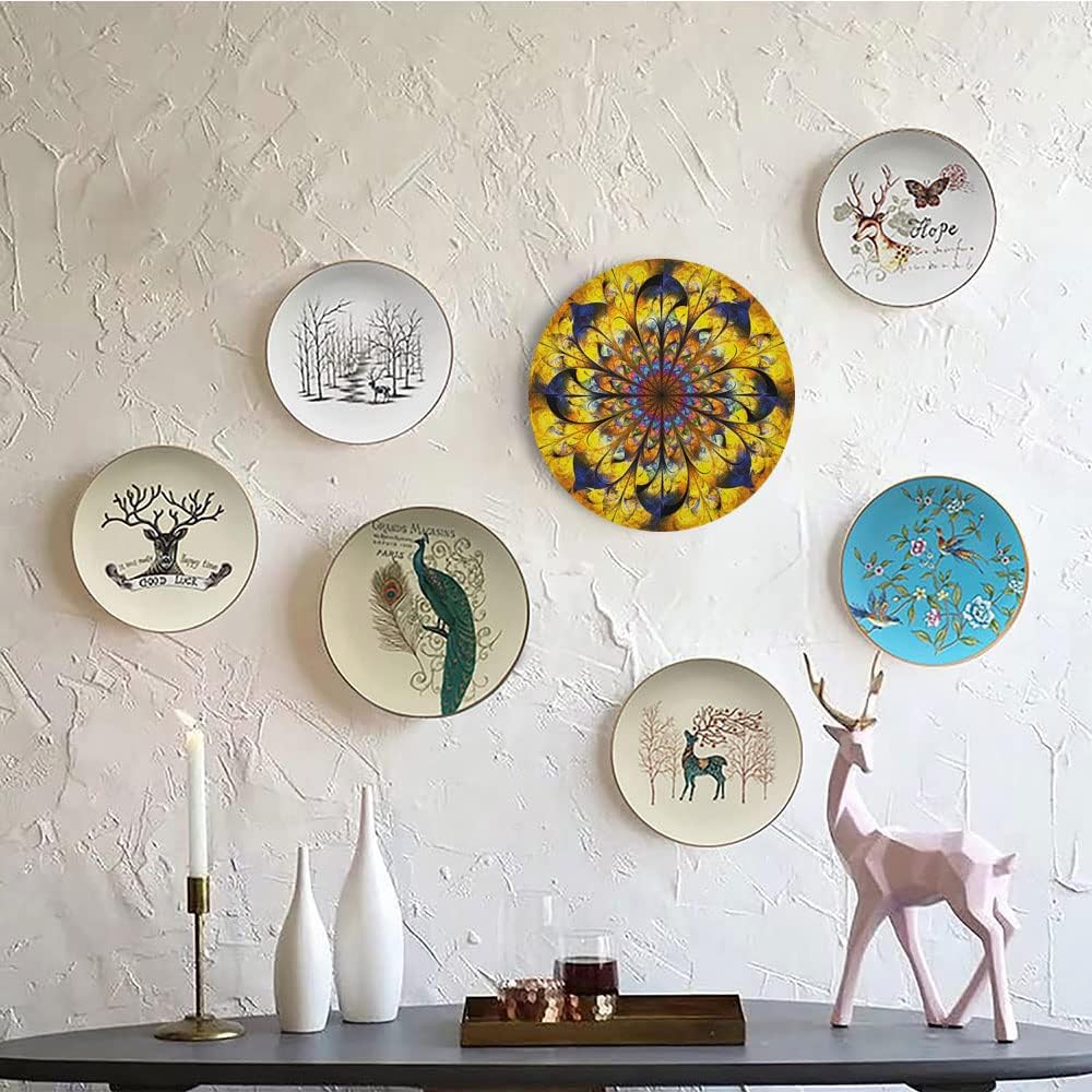 Ceramic Display Plate, Yellow and Blue Ceramic Hanging Decorative Plate, Mandala with Golden Floral Ornamental Psychedelic Fantasy, 6 Inch, Household Custom Ceramic Plate, Navy Gold