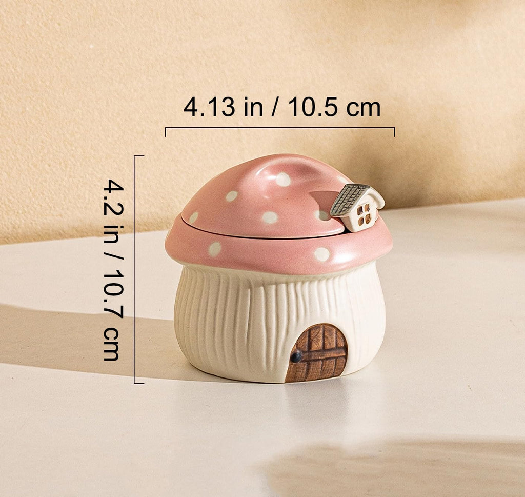 Ceramic Sugar Bowl with Lid & Spoon, Cute mushroom house design. Porcelain Seasoning Storage Jar, 14 Ounces. (Pink)