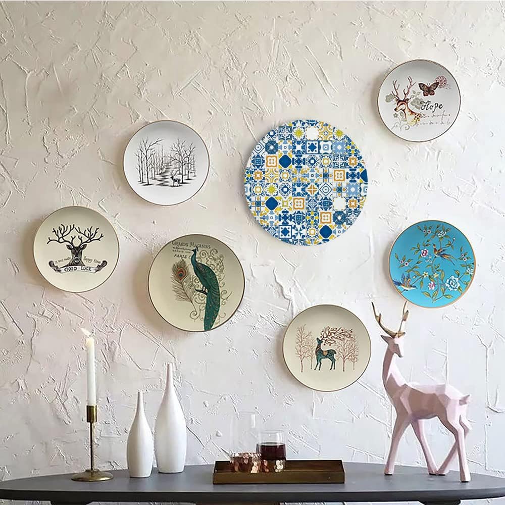 Ceramic Plates, Yellow and Blue Decorative Ceramic Plates, Mosaic Portuguese Azulejo Mediterranean Arabesque Effect, 6 Inch, for Dining, Parties, Wedding, Violet Blue Mustard White