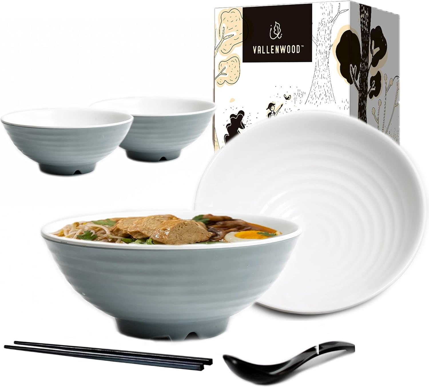 4 Ramen Bowls, 12 pieces Pho set. Gray White Asian Japanese soup. Utensil: Spoons And Chopsticks kit. Melamine. Large 37 oz. Noodles, Rice, Udon, Thai, Chinese, Korean, Wonton, Miso.