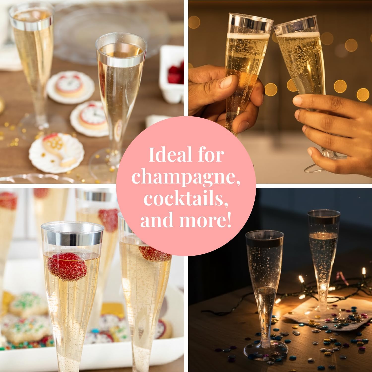 Prestee Set of 24 Silver Glitter Plastic Champagne Flutes - 4.5 oz Capacity - Shatterproof Durable Disposable Glasses - Elegant Design - Ideal for Weddings, Cocktail Parties, and Outdoor Celebrations