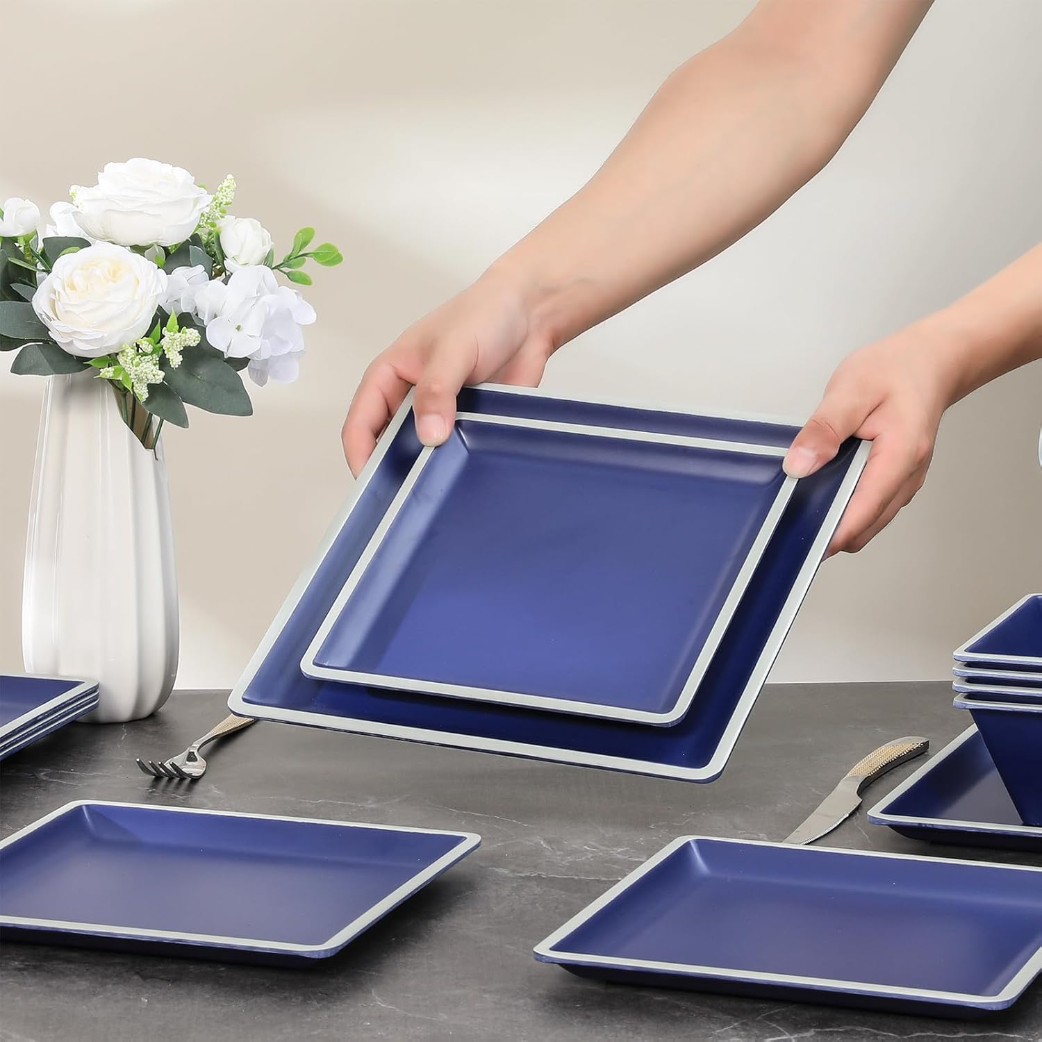 Square Melamine Dinnerware Sets， Durable Square Dinner Plates and Bowls Set,12-Piece Set Non-breakable Lightweight Dinner Tableware Sets, Service for 4