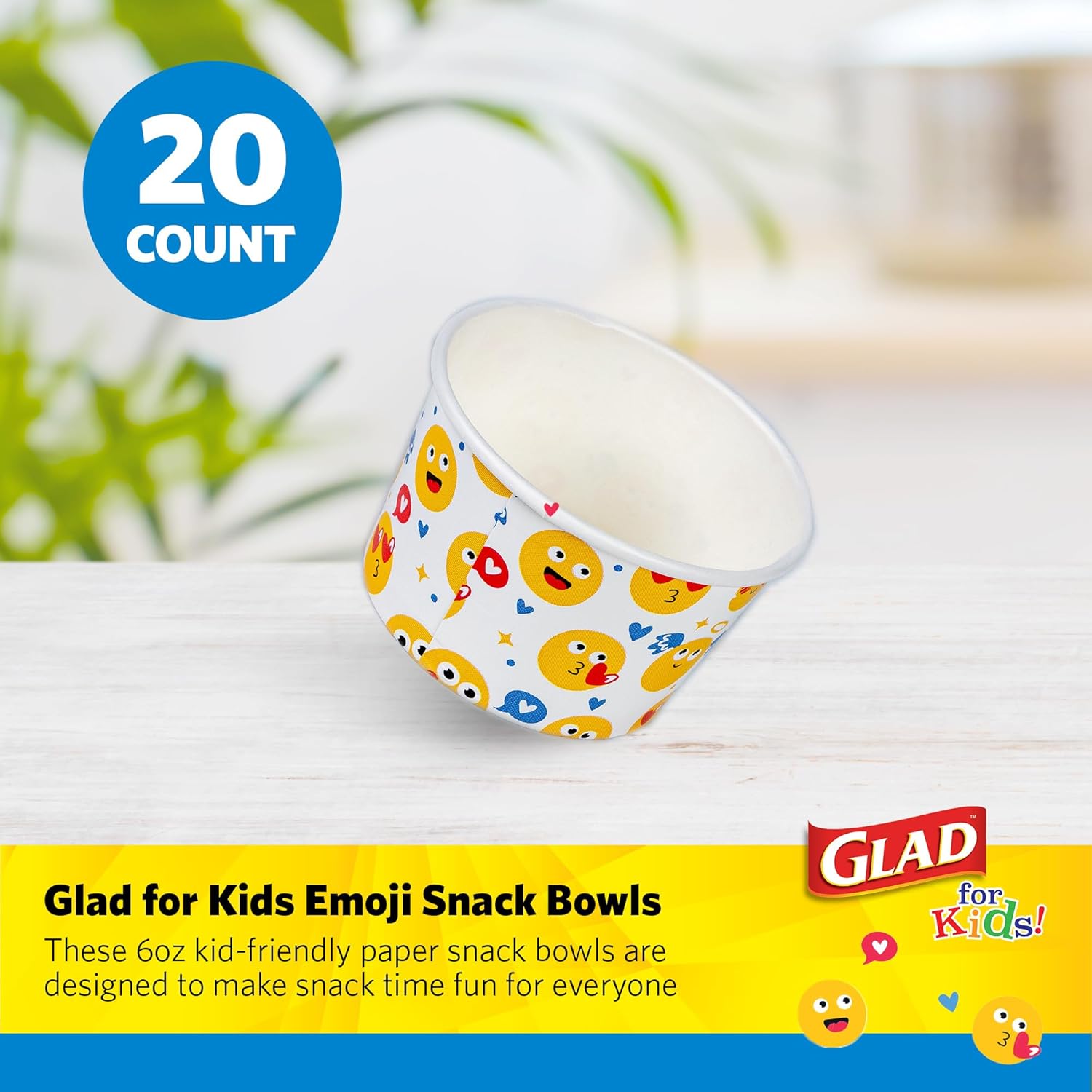 Glad for Kids Emoji Print Paper MINI Snack Bowls, Lids Not Included - Disposable Snack Cups with Emojis for Kids Heavy Duty, 6 Ounces, 20ct