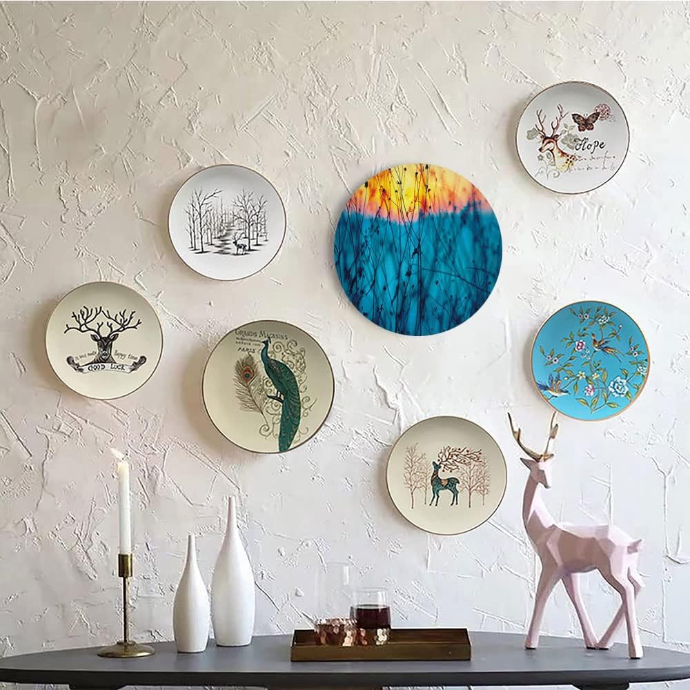 Ceramic Plates, Nature Decorative Ceramic Plates, Dried Flowers Twigs Tranquil Sunset Scenery, 8 Inch, for Dining, Parties, Wedding, Light Blue Peach Orange