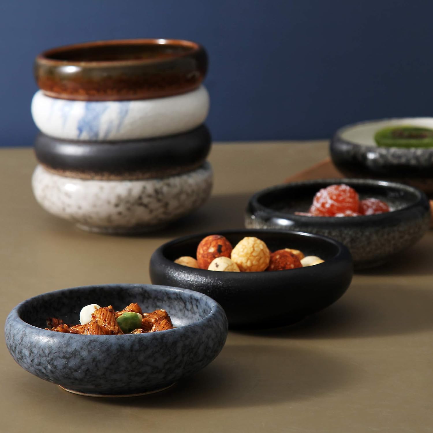 Uaral Soy Sauce Dishes Sushi Dipping Bowl Pinch Bowl Stoneware Black Small Serving Dish Set 3.75 Inch(4.5 oz,Texture Black)