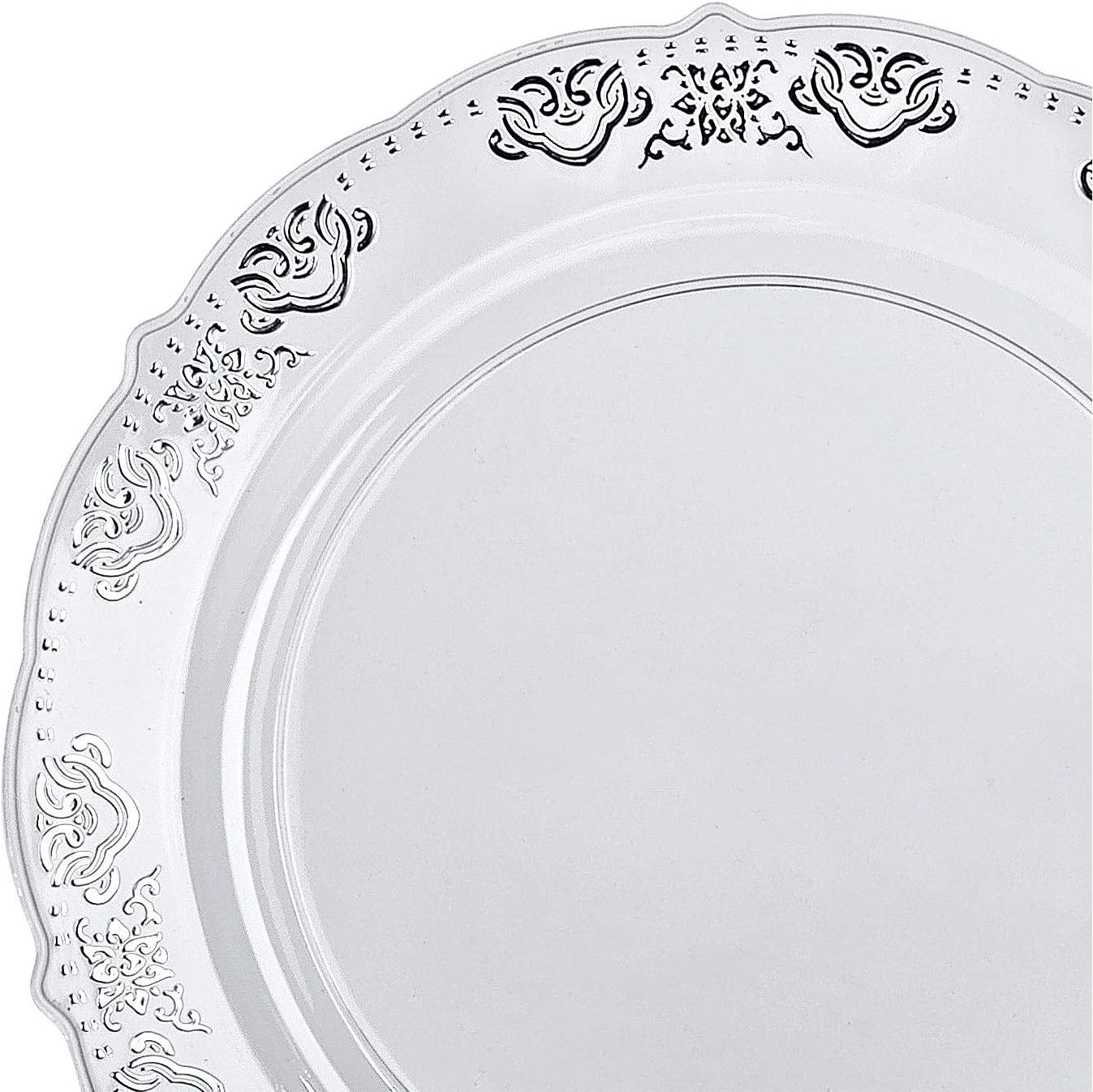 " OCCASIONS " 50 Plates Pack (25 Guests)-Vintage Wedding Party Disposable Plastic Plate Set -25 x 10.25'' Dinner + 25 x 7.5'' Salad/Dessert plates (Portofino in Clear & Silver)