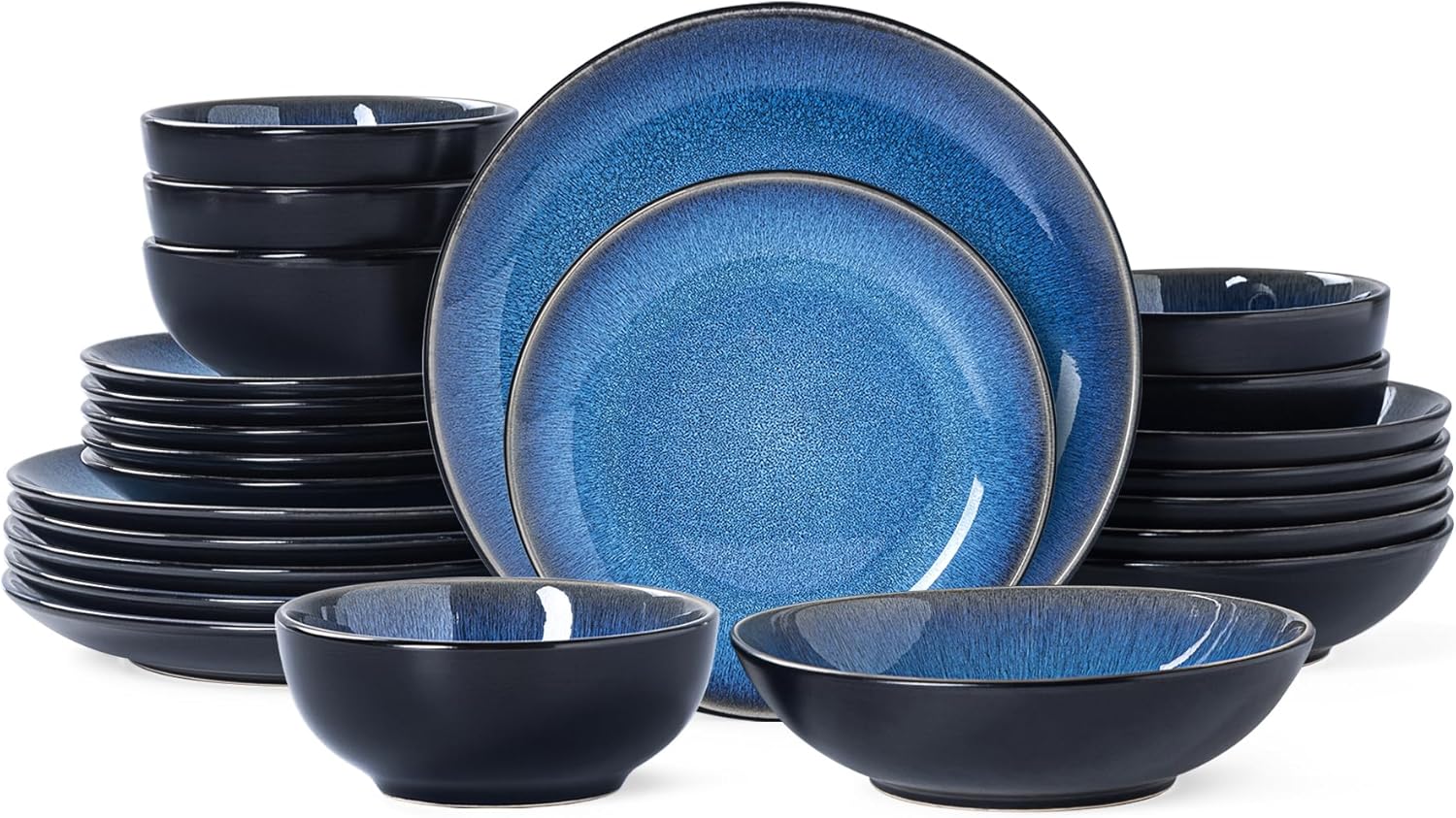 Plates and Bowls Sets for 6 - CJDC-QUELO 24-Piece Stoneware Dinnerware Sets, Ceramic Dishware Set for Indoor Kitchen Use and Formal Dining, Chip and Scratch Resistant Microwave Dishwasher Safe, Blue