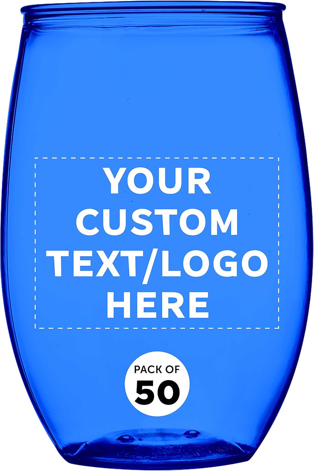 Custom Plastic Stemless Wine Glasses 16 oz. Set of 50, Personalized Bulk Pack - BPA Free, Great for Outdoor Lounges, Poolside, Parties and Other Events - Blue