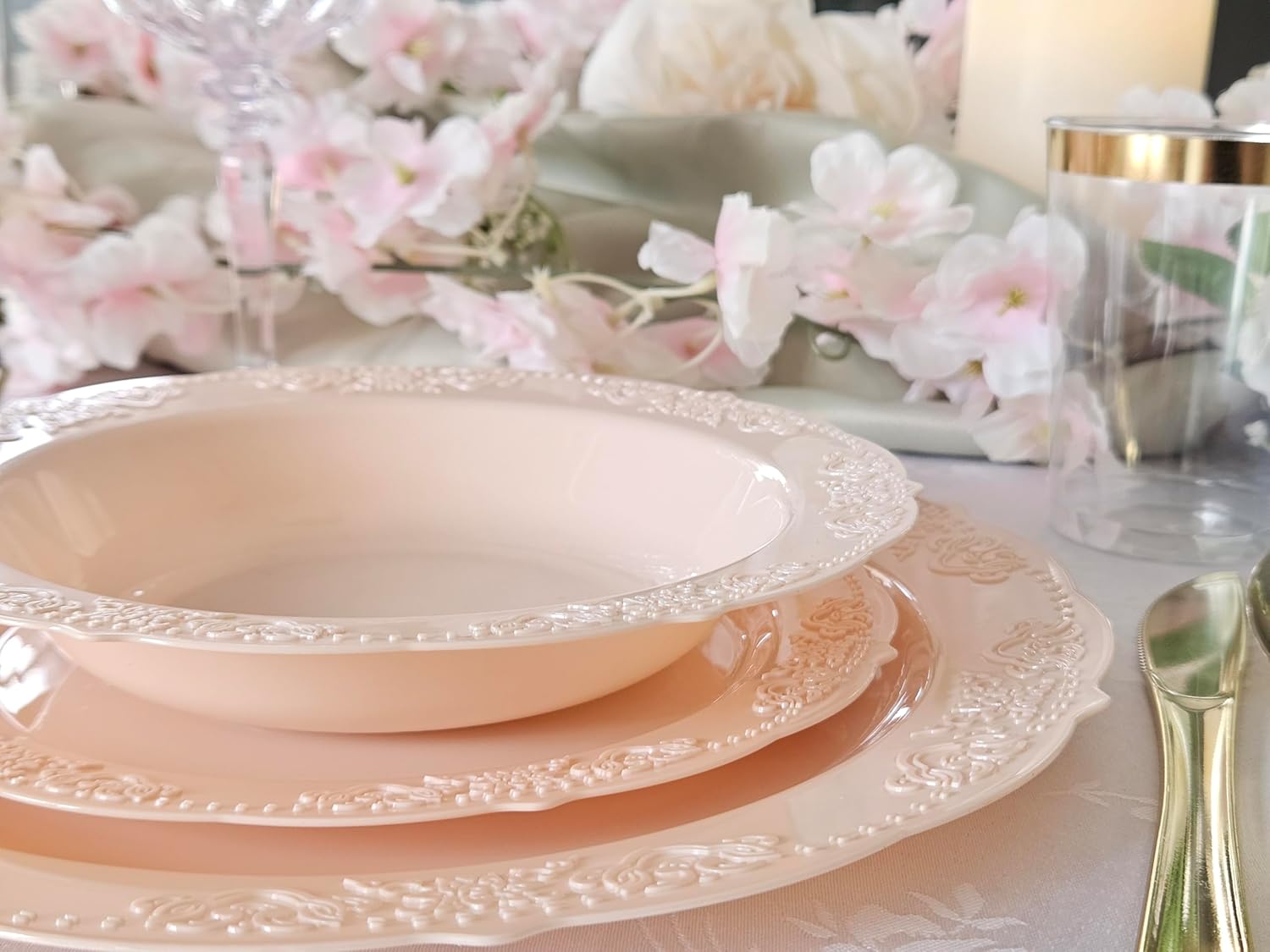 " OCCASIONS " 50 Plates Pack (25 Guests) Vintage Wedding Party Disposable Plastic Plate Set -25x10.25'' Dinner +25x7.5'' Salad/Dessert plates (Portofino in Blush/Antique Rose)