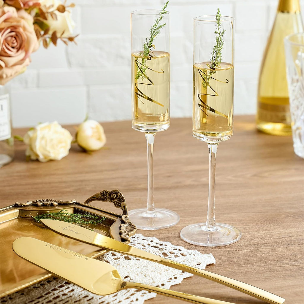 AW BRIDAL Engagement Bridal Shower Wedding Gifts for Newlywed Couples 2025, Anniversary Mr Mrs Champagne Flutes Toasting Glasses, Wedding Gold Cake Knife and Server Set with Gift Box for Bride Groom