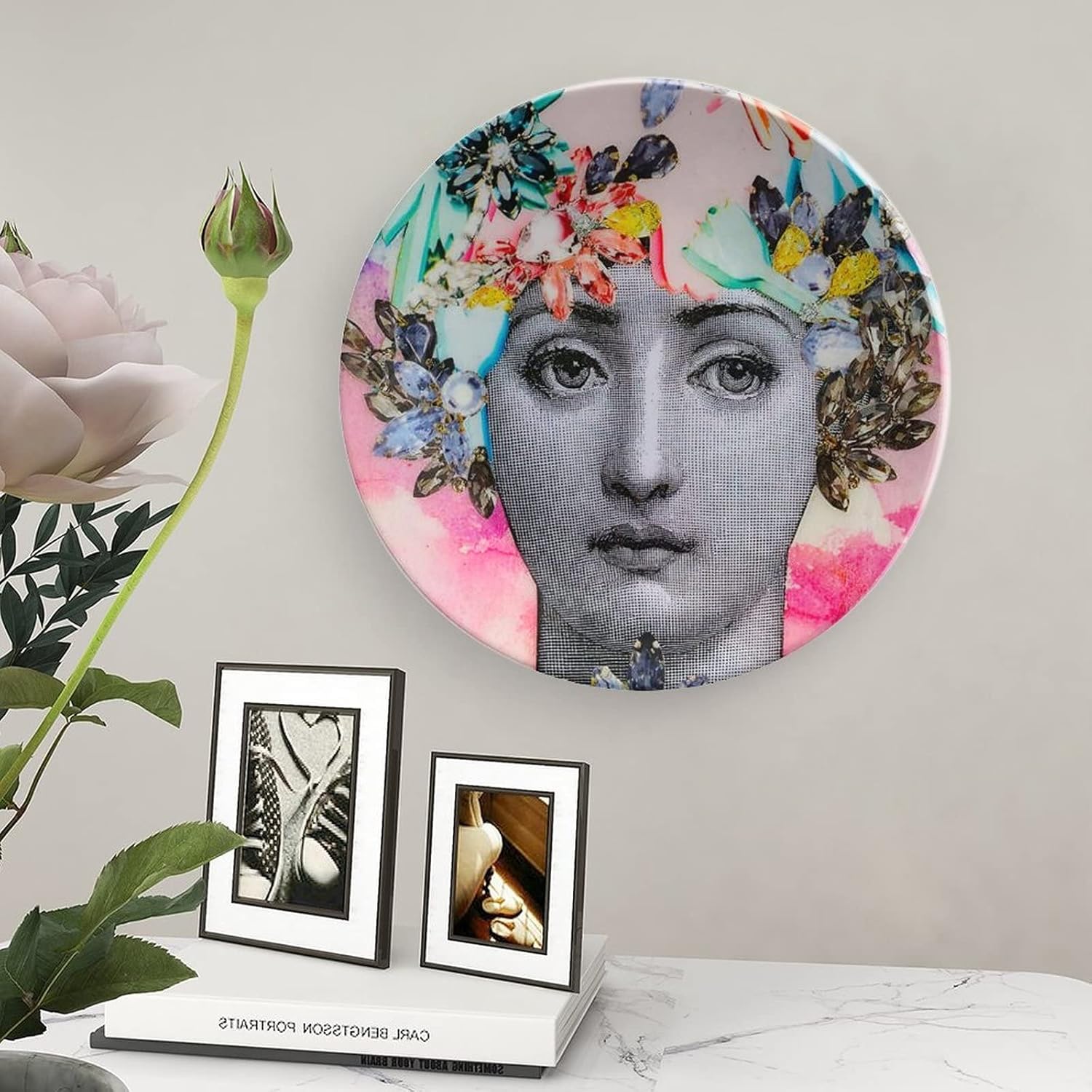 Lina Cavalieri Plate, Wall Decorative Plate, Mysterious Face Plate Wall Hanging Decoration,Including Bracket and Special Spring Hook,J (22),8inch