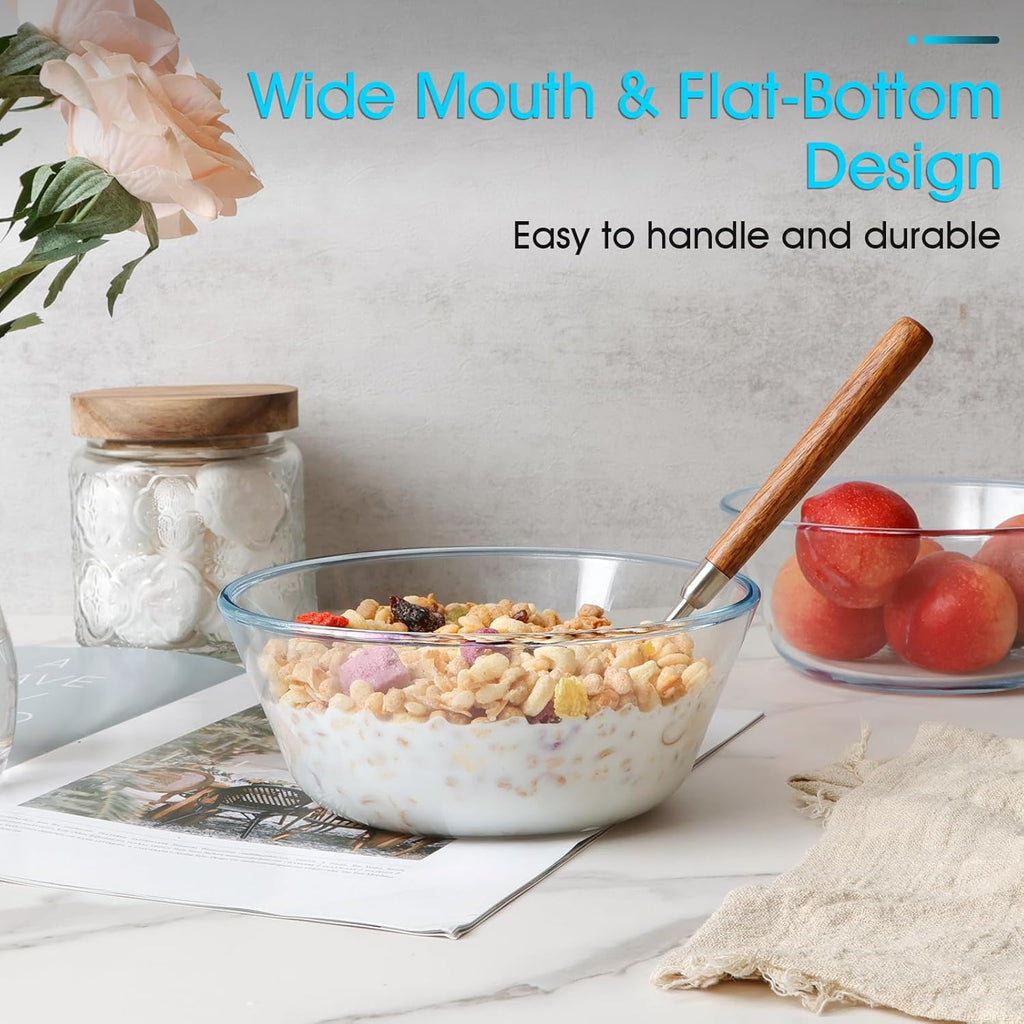 NUTRIUPS 25oz Flat Bottom Small Glass Bowls Set of 4, 6in Clear Glass Cereal Bowls, 0.8L Shallow Glass Bowl for Kitchen, Microwave and Oven Safe