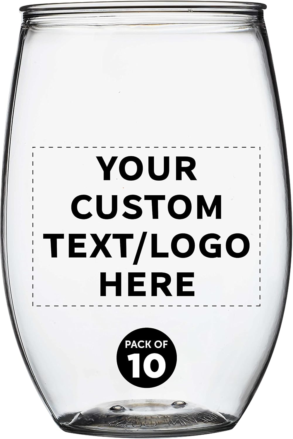 Custom Plastic Stemless Wine Glasses 16 oz. Set of 10, Personalized Bulk Pack - BPA Free, Great for Outdoor Lounges, Poolside, Parties and Other Events - Clear