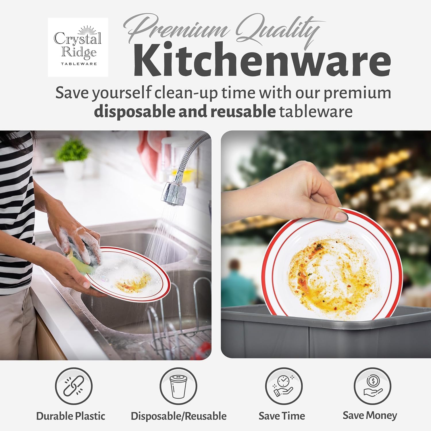 120-Piece Plastic Plates Set Premium 60 Dinner & 60 Salad Plates Pack, Disposable Plates for Party - White Plastic with Red Rim