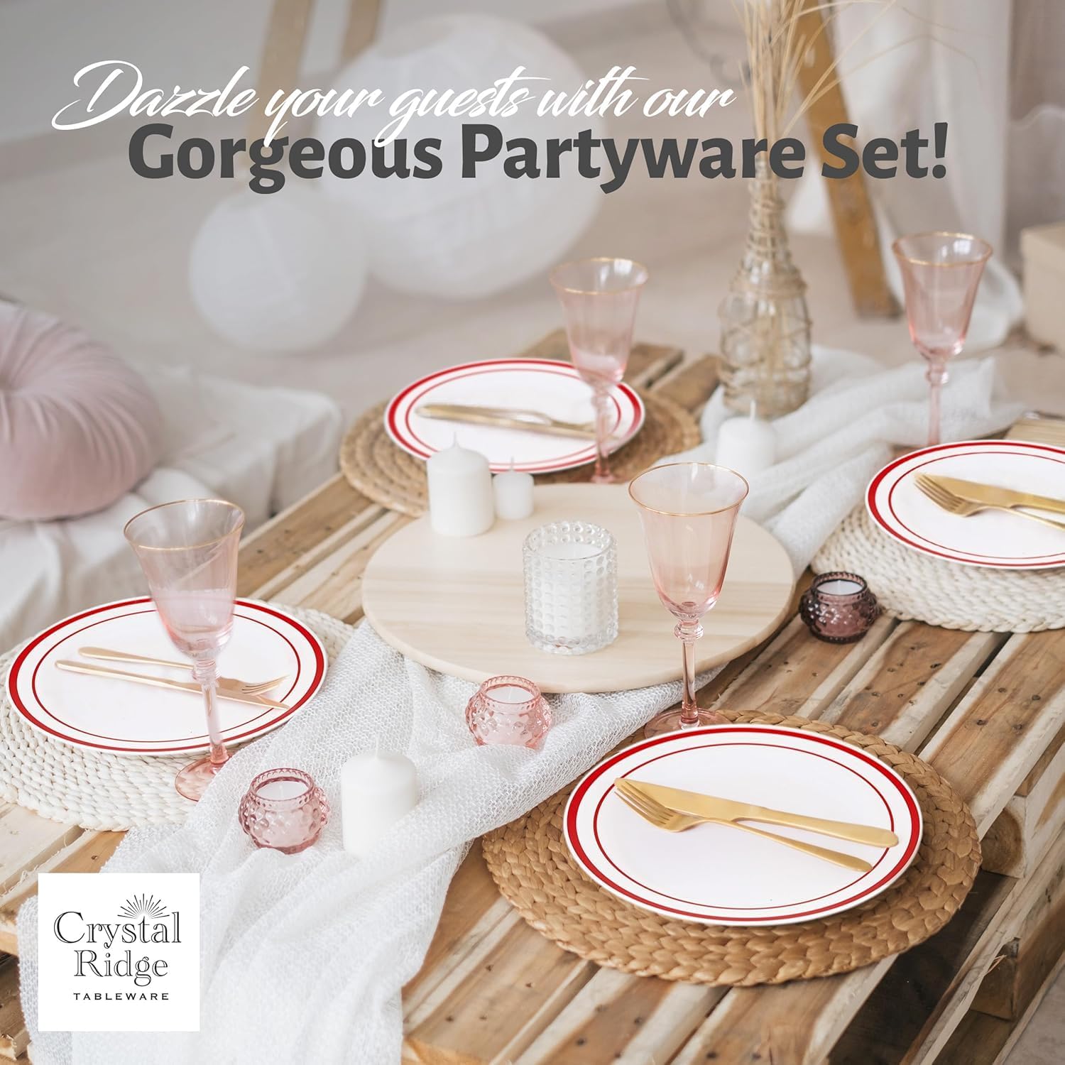 120-Piece Plastic Plates Set Premium 60 Dinner & 60 Salad Plates Pack, Disposable Plates for Party - White Plastic with Red Rim