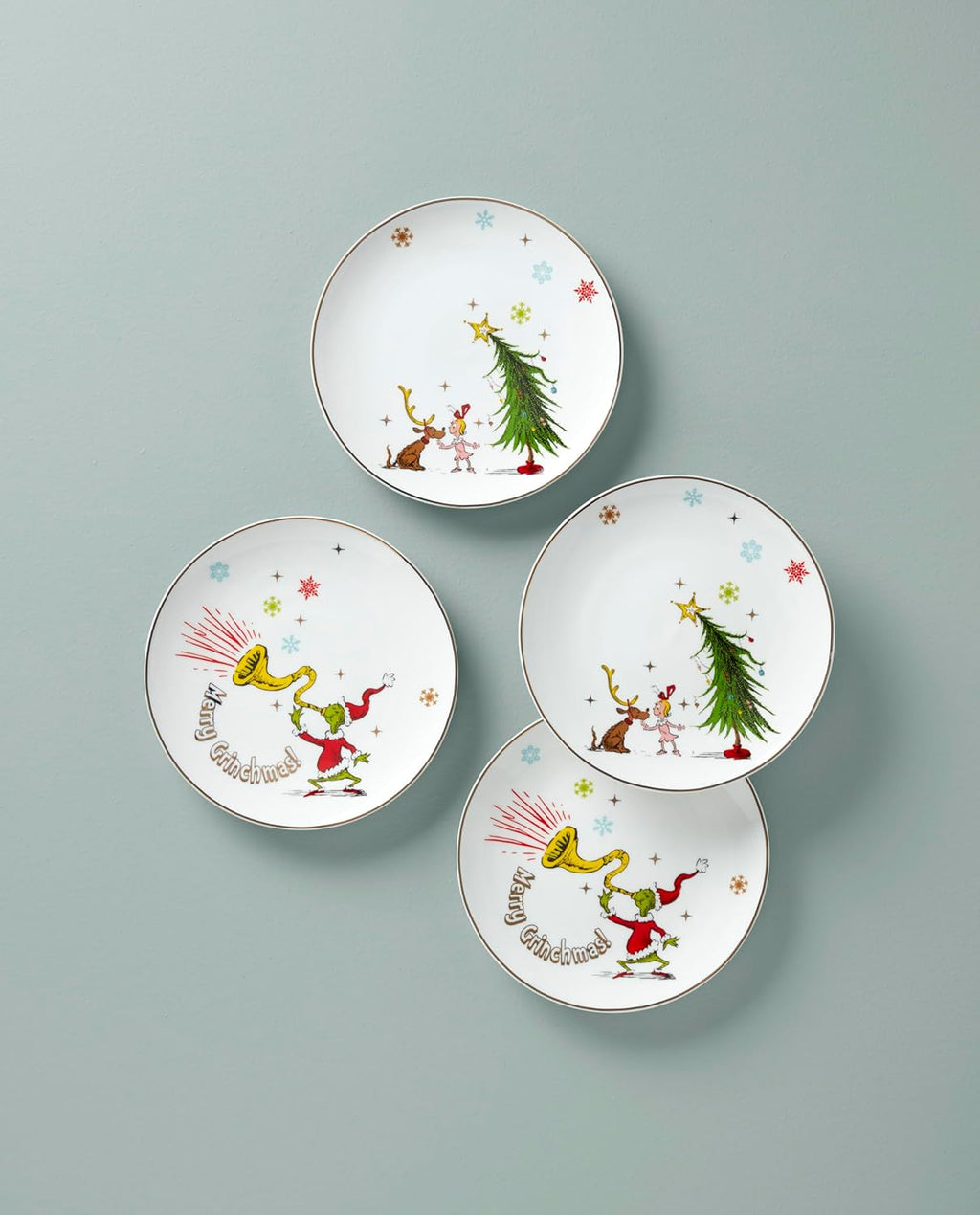 Lenox 894166 Merry Grinchmas 4-Piece Assorted Accent Plate Set, Christmas Drinkware, Holiday Hosting