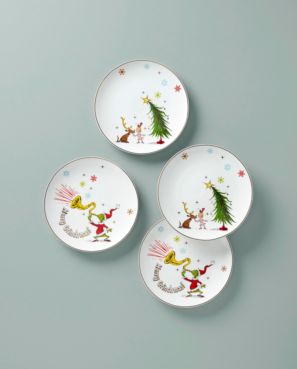 Lenox 894166 Merry Grinchmas 4-Piece Assorted Accent Plate Set, Christmas Drinkware, Holiday Hosting
