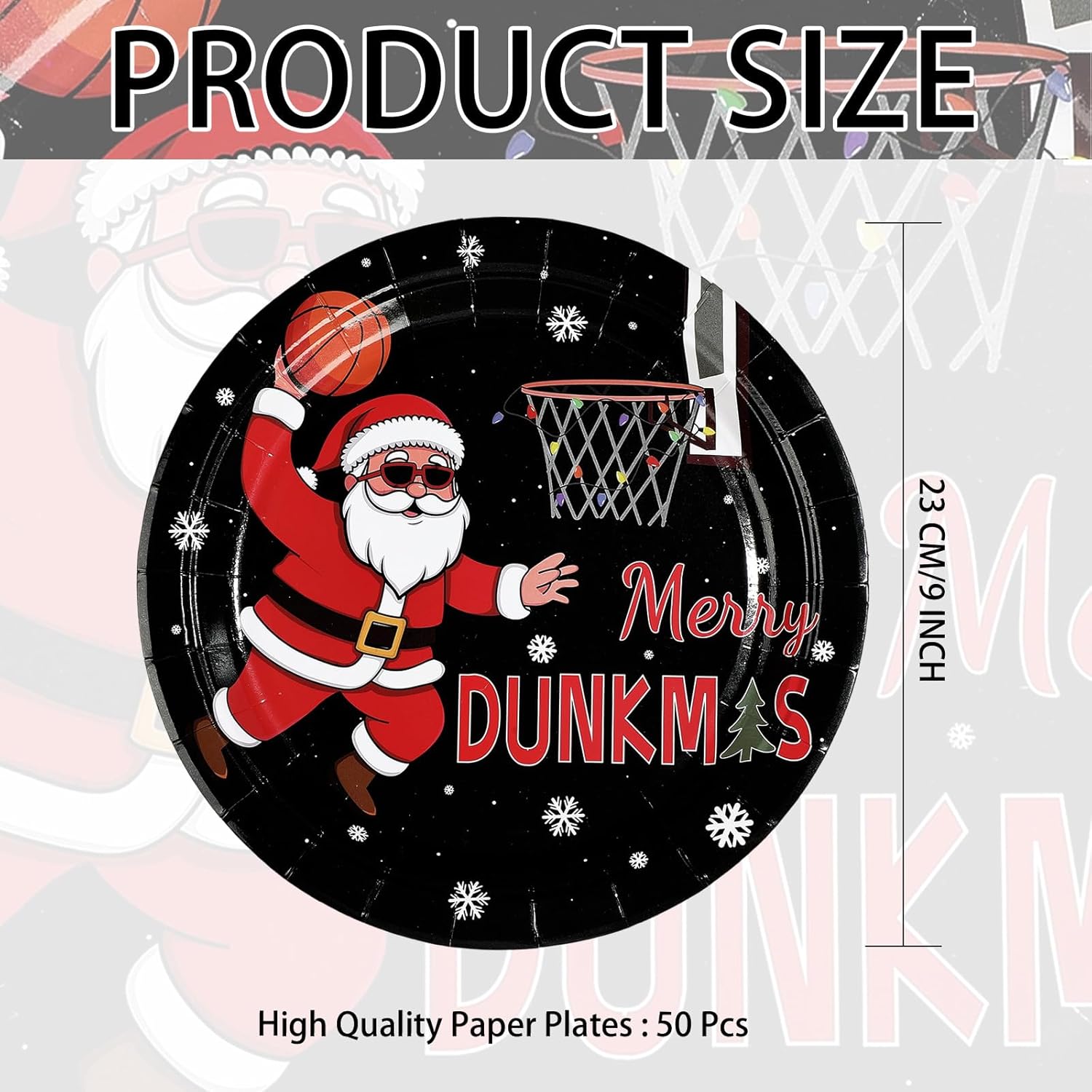 50Pcs Christmas Basketball Paper Plates 9''Heavy Duty Merry Dunkmas Santa Claus Basketball Disposable Plates Christmas Ugly Dessert Plate for Funny Xmas Holiday Basketball Fans Party Decorations