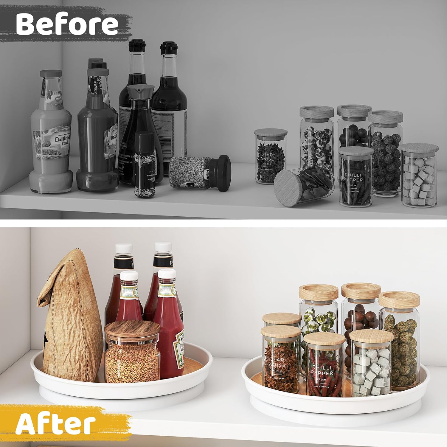 LAMU 2 Pack Lazy Susan Organizer, 10'' Lazy Susan Turntable for Cabinet, Table Top, Refrigerator, Kitchen, Pantry Fridge Organizers and Storage, Rotating Spice Organizer, Oak