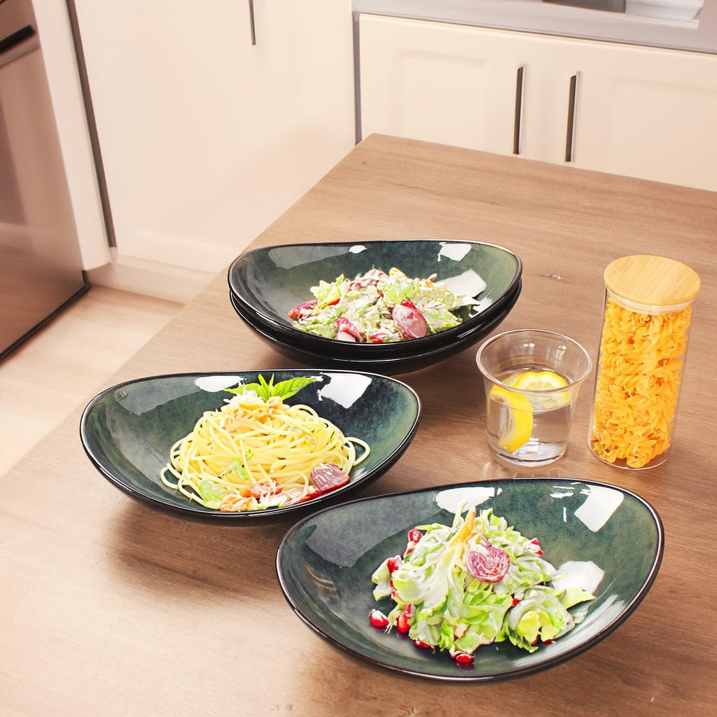 Ceramic Serving Platters Set of 4, 9.6 Inch Curved Oval Deep Salad Plates for Entertaining, Modern Kitchen Dishes, Trays for Dinner, Fruit, Salad, Pasta, burgers - Dishwasher Microwave Safe