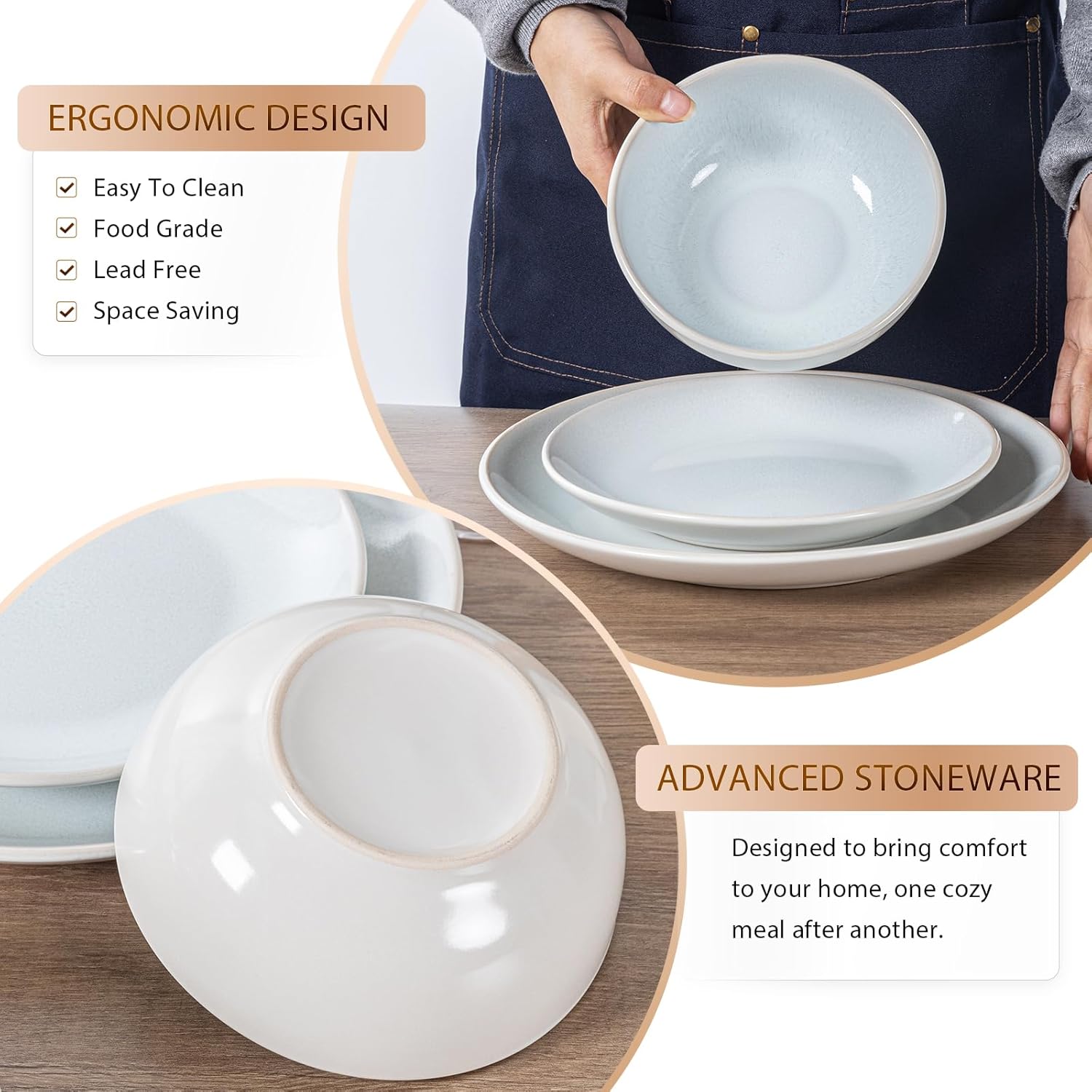 Plates and Bowls Sets for 6 - CJDC-QUELO 24-Piece Stoneware Dinnerware Sets, Ceramic Dishware Set for Kitchen Use and Formal Dining, Chip and Scratch Resistant Microwave Dishwasher Safe, Off White
