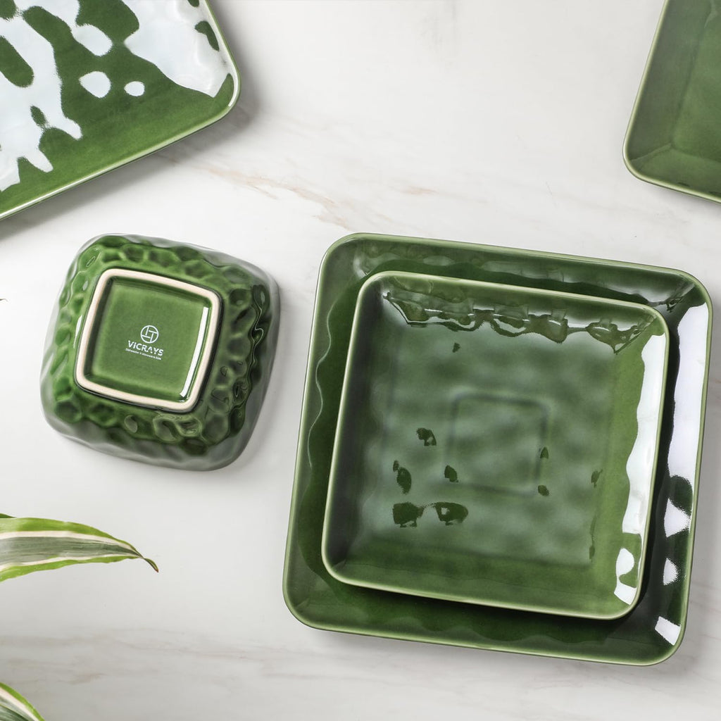 Vicrays Ceramic 18 Pieces Square Dinnerware Set - Dinner Plates Salad Plates Cereal Bowls Set Service for 6 - Scratch Resistant Microwave Oven Dishwasher Safe - Green