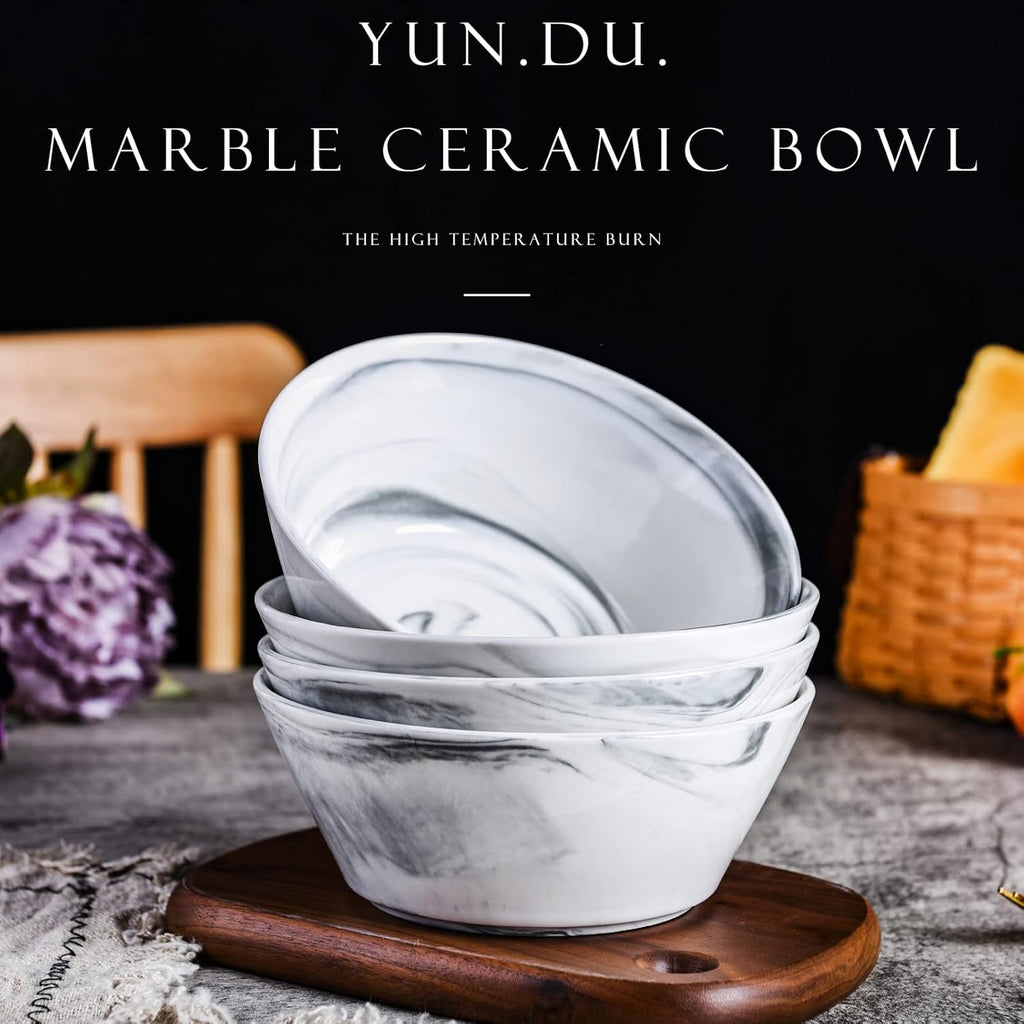 Yundu Grey Marble Ceramics Bowls Set of 4, 30 Ounces Ramen Bowl for Noodle, Salad Bowls Large Snack Bowls for Kitchen, Dishwasher & Microwave Safe