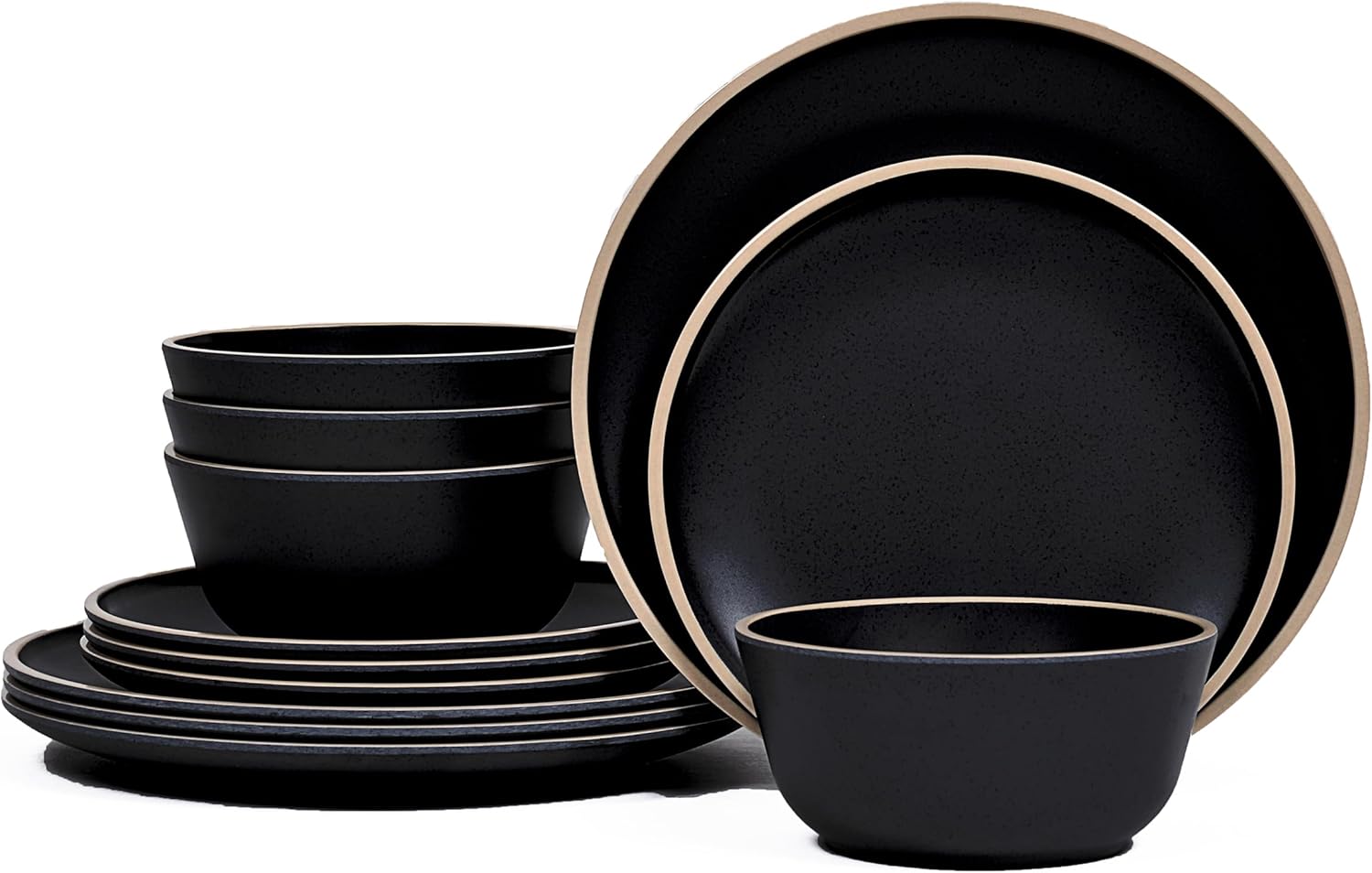 Melamine Dinnerware Sets for 4,12 Pcs Plate and Bowl Set,Unbreakable dish set,BPA Free,Suitable Indoors And Outdoors (Matte Black)