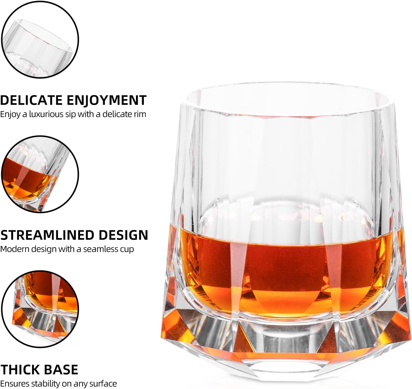 KAMMAK Crystal Old Fashioned Glass Set of 2, 8.79 oz (260ml) Hand Blown Whiskey Glasses, Tumbler with Delicate Rim & Weighted Base, Lead-Free Barware for Scotch, Bourbon, Cocktail
