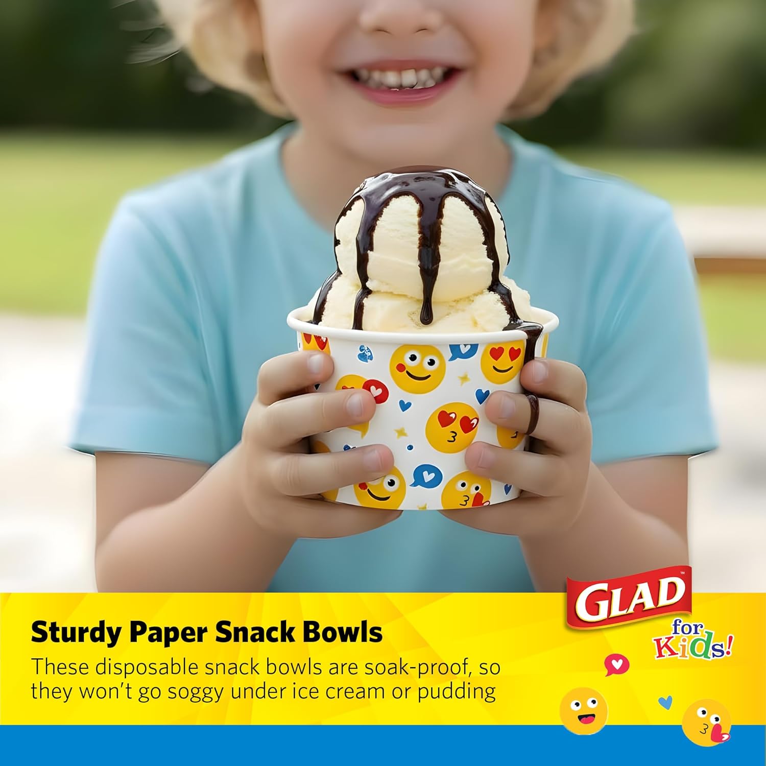 Glad for Kids Emoji Print Paper MINI Snack Bowls, Lids Not Included - Disposable Snack Cups with Emojis for Kids Heavy Duty, 6 Ounces, 20ct