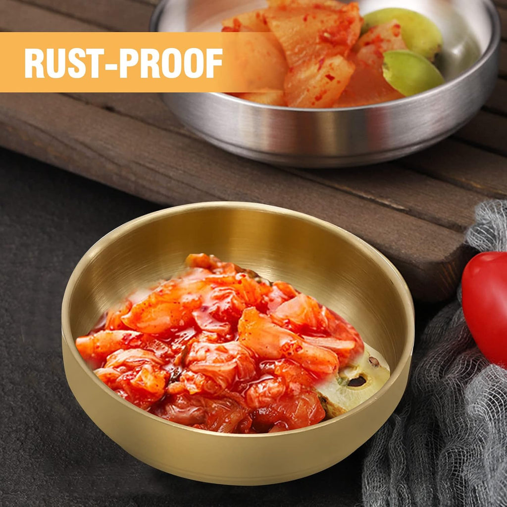 MDEOOSKY 4PCS Large Stainless Steel Sauce Dish 4.72inch Appetizer Plates Double-Deck Plates 304 Stainless Steel Plates for Oil Vinegar Juice Salad Appetizer Side Dish Ketchup (Gold 4.72IN)