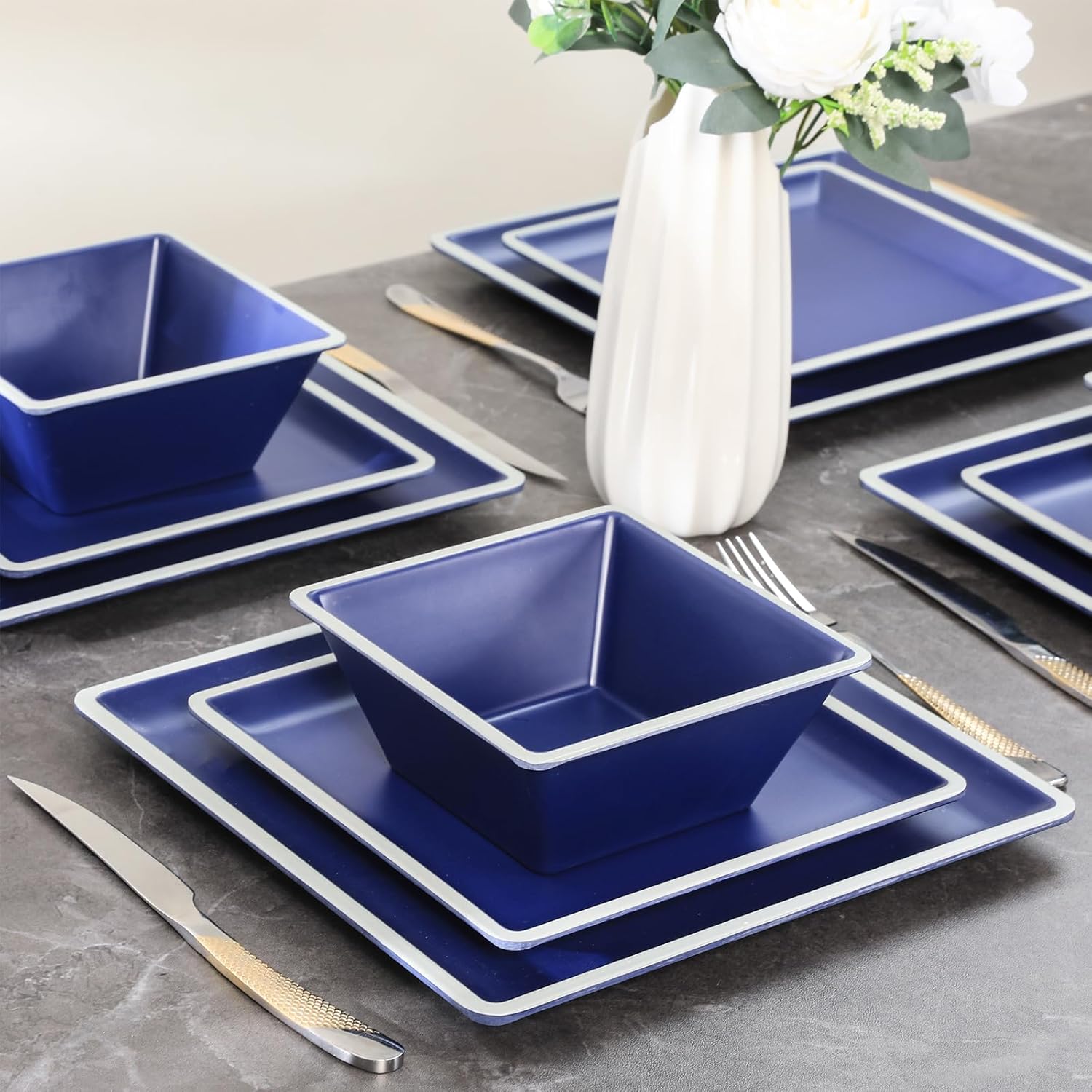 Square Melamine Dinnerware Sets， Durable Square Dinner Plates and Bowls Set,12-Piece Set Non-breakable Lightweight Dinner Tableware Sets, Service for 4