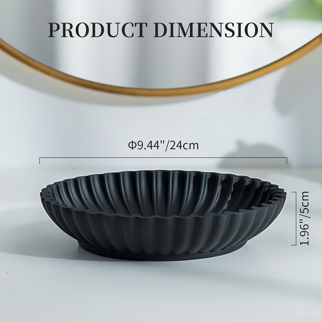 Hanobe Black Decorative Bowl Decor: Modern Resin Scalloped Ruffle Key Tray for Home Living Entryway Coffee Tables Centerpiece 9.45" Fruit Bowls for Dinning Kitchen Counter