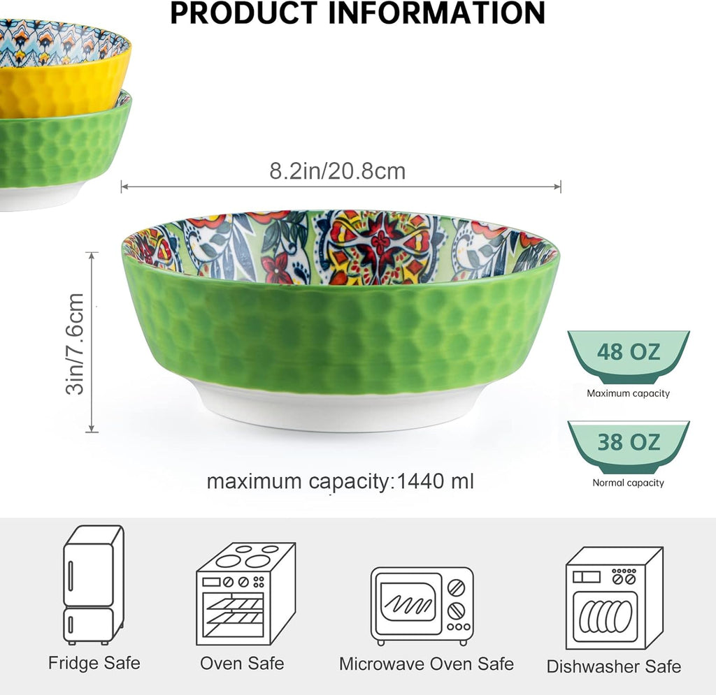 HENXFEN LEAD Large Salad Bowl Sets for Serving Pho, Ramen, Soup, Fruit, Snacks - 48 Oz Big Ceramic Bowls for Family, Kitchen Cooking, Dinner Party - Set of 2