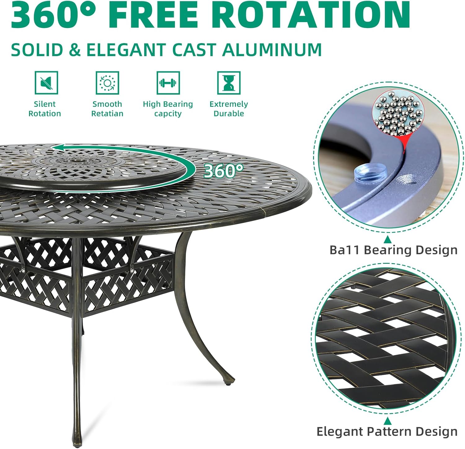 VIVIJASON 31" Cast Aluminum Lazy Susan Turntable, 360° Large Rotating Display Tray with Silent Bearings, Round Table Top Swivel Serving Plate with 2" Umbrella Hole for Outdoor Dining Table