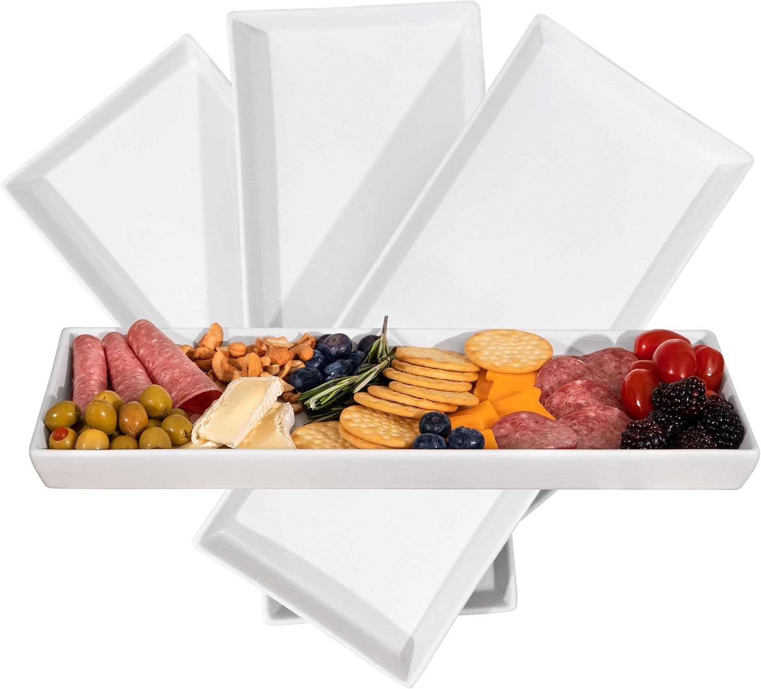 Rectangular Plastic Serving Plates, 13 x 4.6 Inch, Set of 4 for Party, Entertainment, Appetizers, Sushi, Desserts (White)