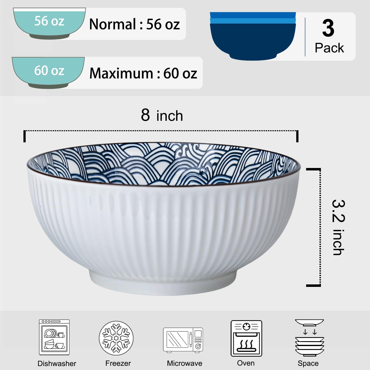 60 oz Large Soup Bowl, Pho Bowls, 8 Inch Blue and White Porcelain Japanese Ramen Bowls Set of 3 - Wave Pattern