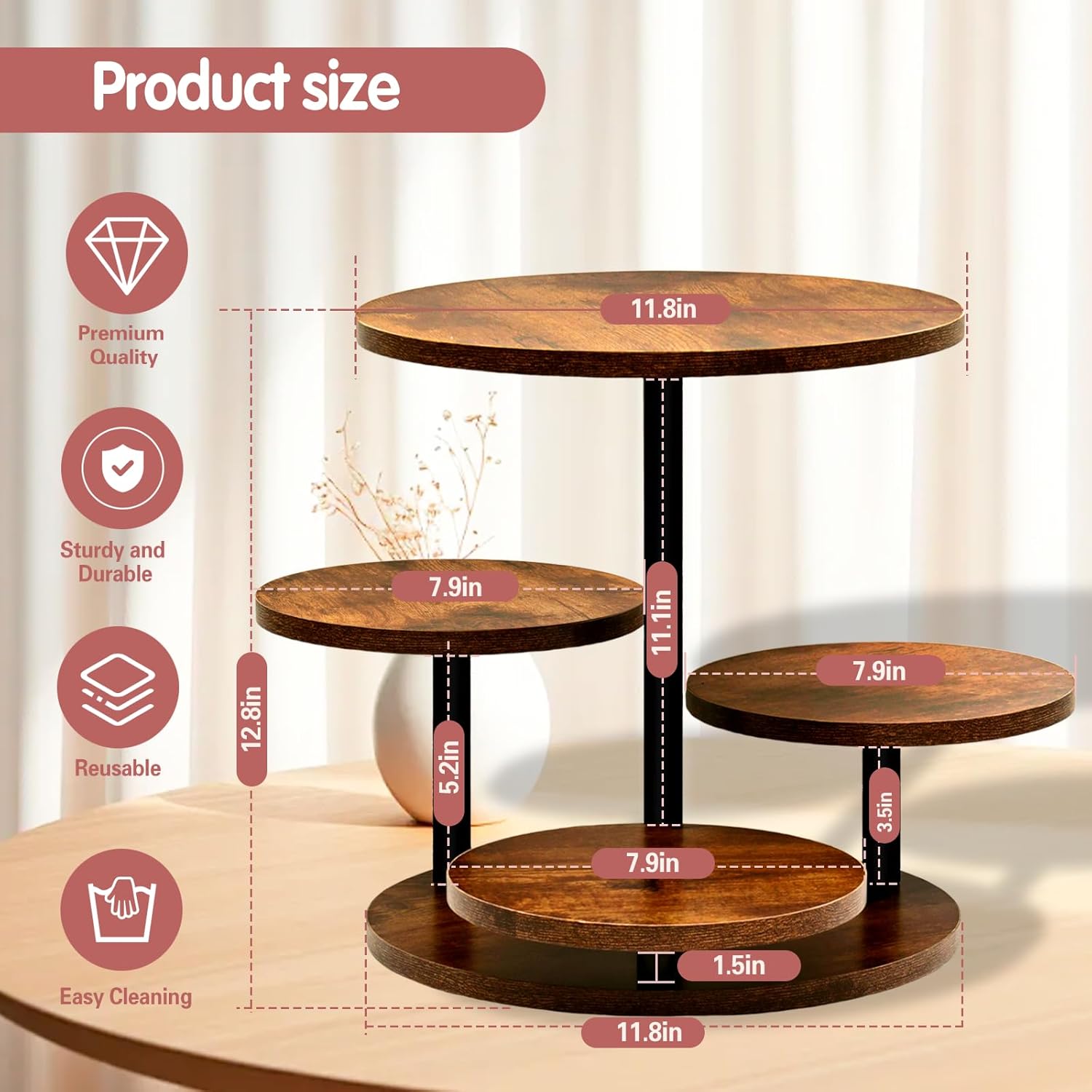 4 Tier Cupcake Tower Stands for 50 Cupcakes,360° Rotatable Round Cup Cake Stand with Tiered Tray,Farmhouse Wooden Dessert Table Display Stands for Wedding Birthday Baby Shower Tea Party