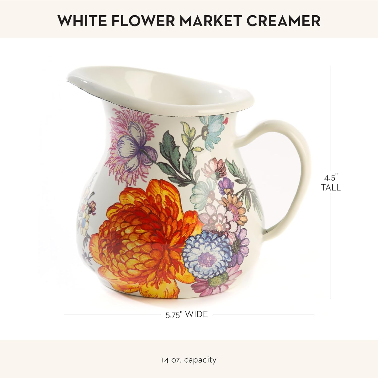 MACKENZIE-CHILDS Enamel Creamer, Creamer Dispenser with Pour Spout, Kitchen Enamelware, 14-Ounce Capacity, White Flower Market