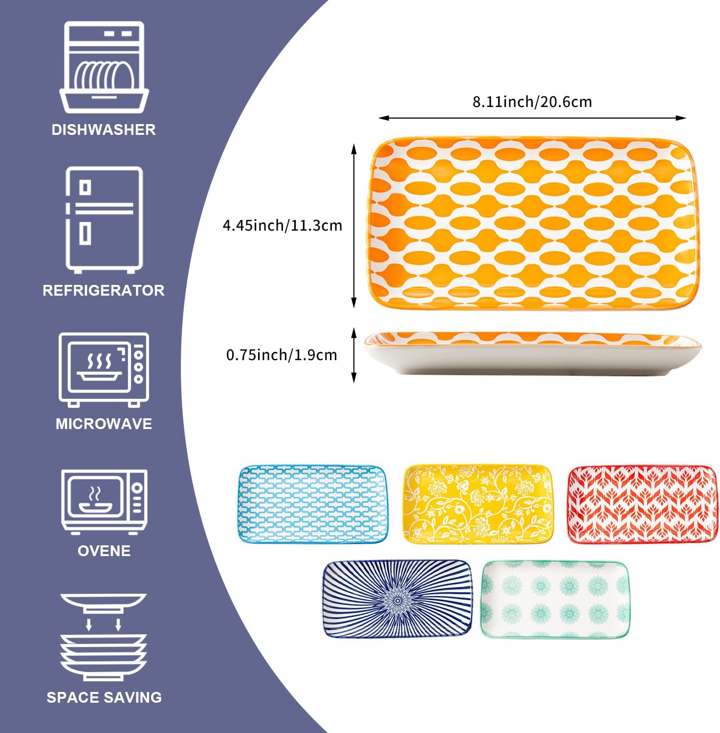 Rectangle Serving Plates Set - 8.1" x 4.5" Ceramic Rectangular Salad Platters - Microwave & Oven Safe - Porcelain Dinner Dishes for Sushi, Appetizers, Dessert - Set of 6 - Assorted Colors