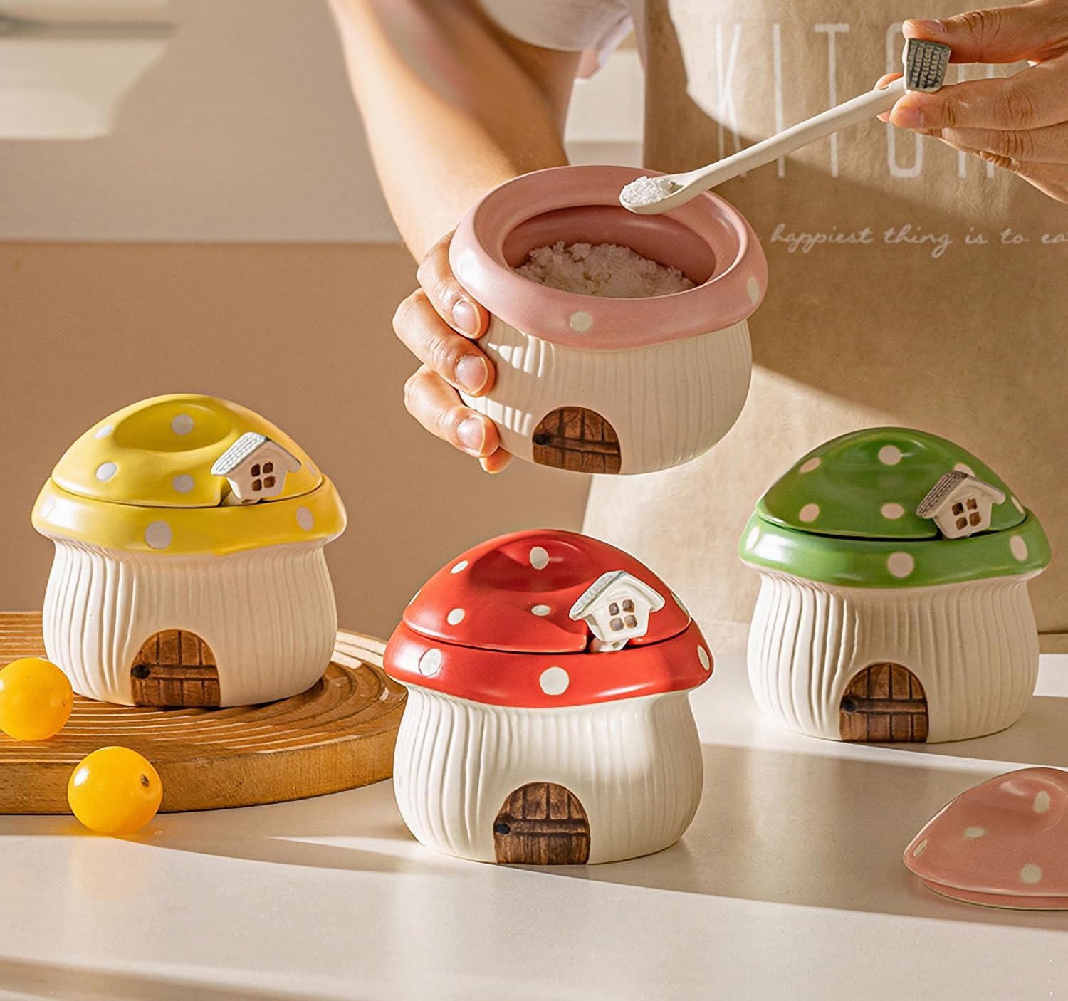 Ceramic Sugar Bowl with Lid & Spoon, Cute mushroom house design. Porcelain Seasoning Storage Jar, 14 Ounces. (Pink)