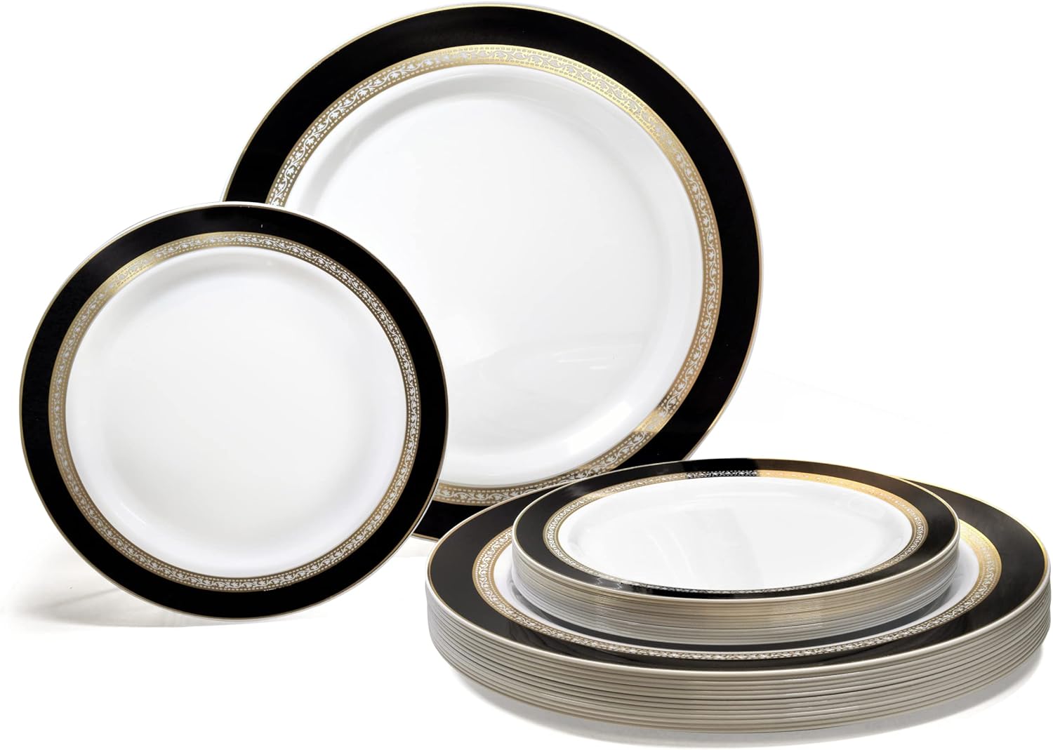 " OCCASIONS " 50 Plates Pack (25 Guests)-Heavyweight Wedding Party Disposable Plastic Plate Set -25 x 10.5'' Dinner + 25 x 7.5'' Salad/dessert plates (Ritz Black and Gold)