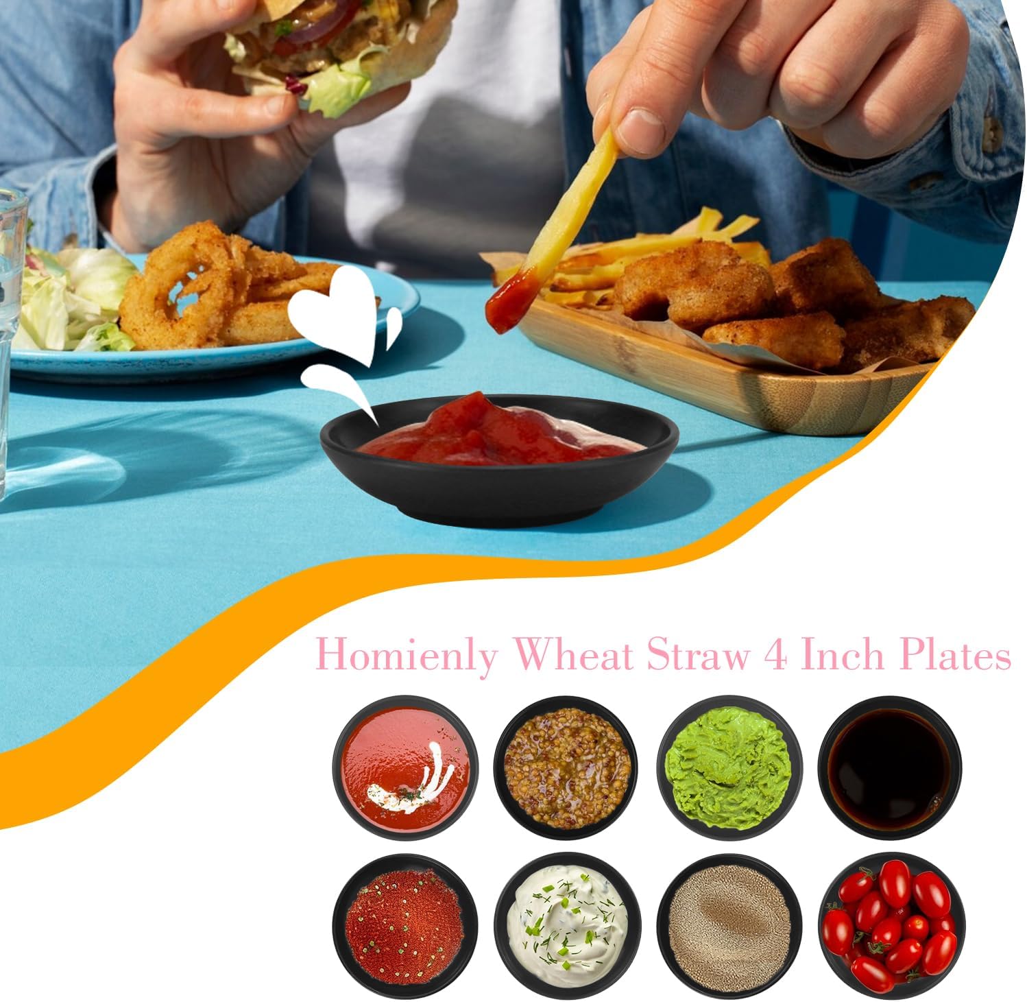 Plastic Dipping Plate Set of 8 - 4 inch Wheat Straw Plates,Soy Sauce Dish,Dipping Bowls,Small Serving Bowls for Side Dishes, Mini Appetizer Plates for Side Dishes,Condiment,BBQ and Party Dinner-Black