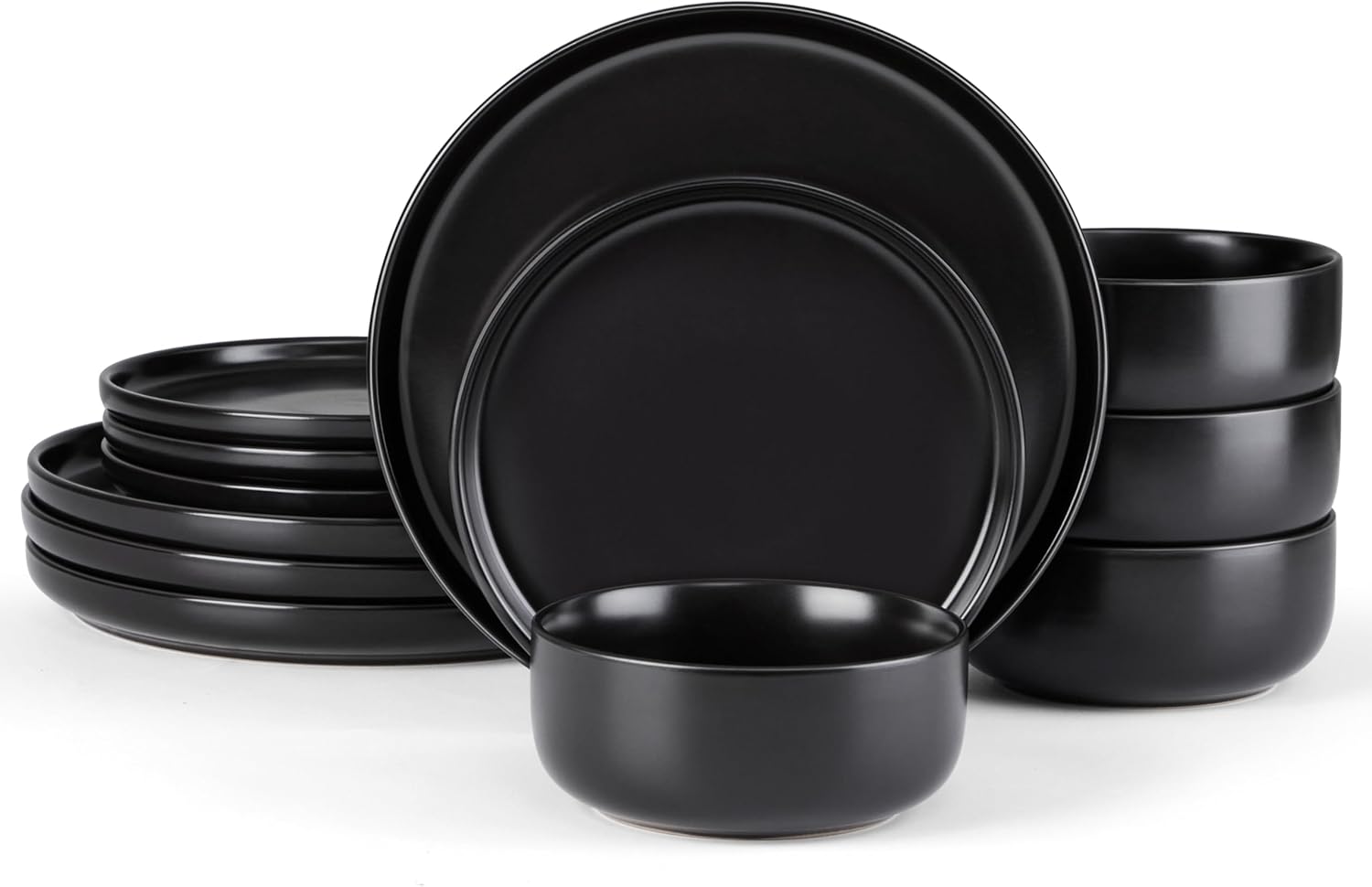 E-far Stoneware Dinnerware Sets for 4, 12-Piece Plates and Bowls Set, Modern Ceramic Dishes Dinning Ware, Microwave & Dishwasher Safe - Matte Black