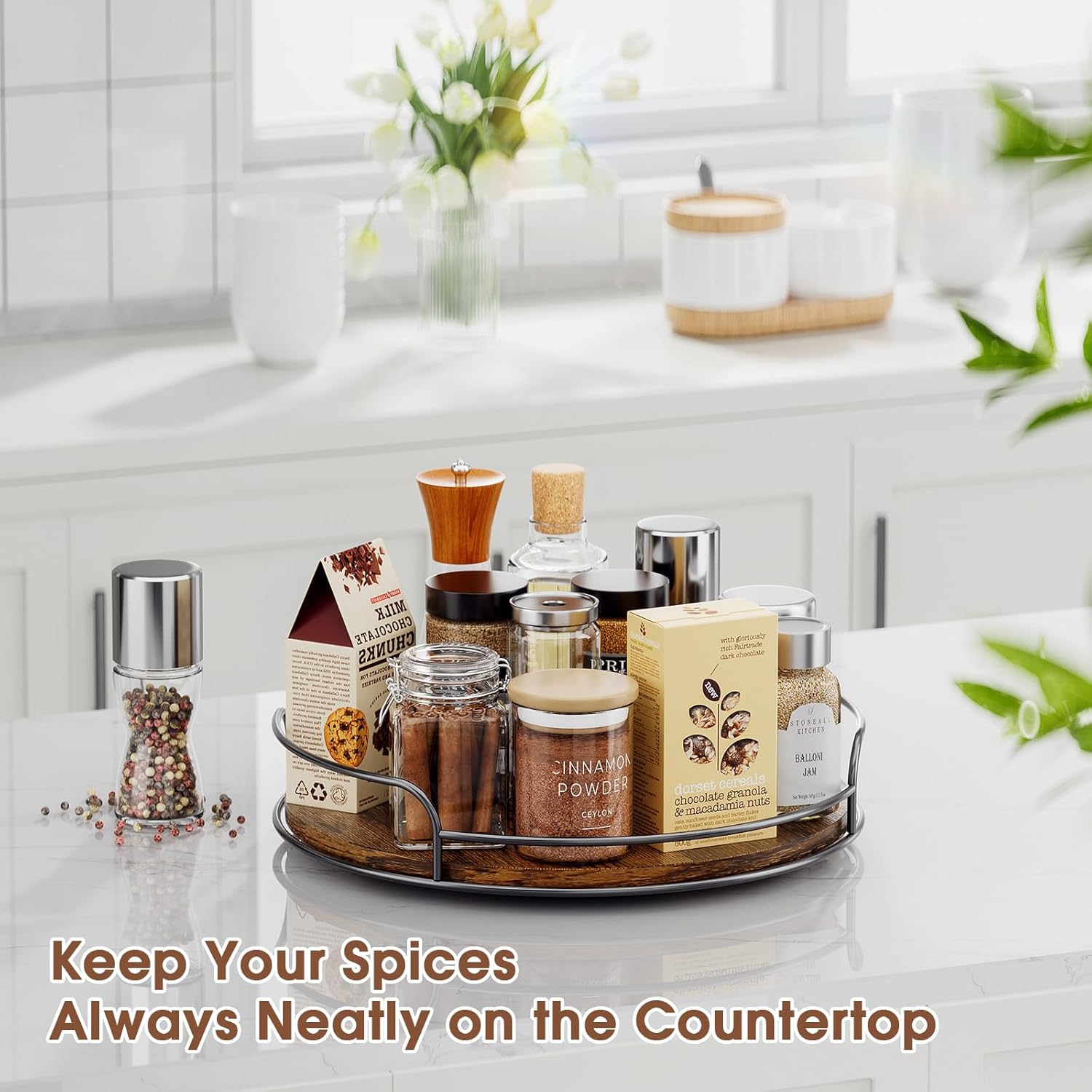 LAMU 2 Pack 9'' 10'' Lazy Susan Turntable Organizer for Table Top Cabinet, Wooden Lazy Susan for Kitchen, Pantry, Countertop, Bathroom Vanity, Spice Organization, Wood Decor