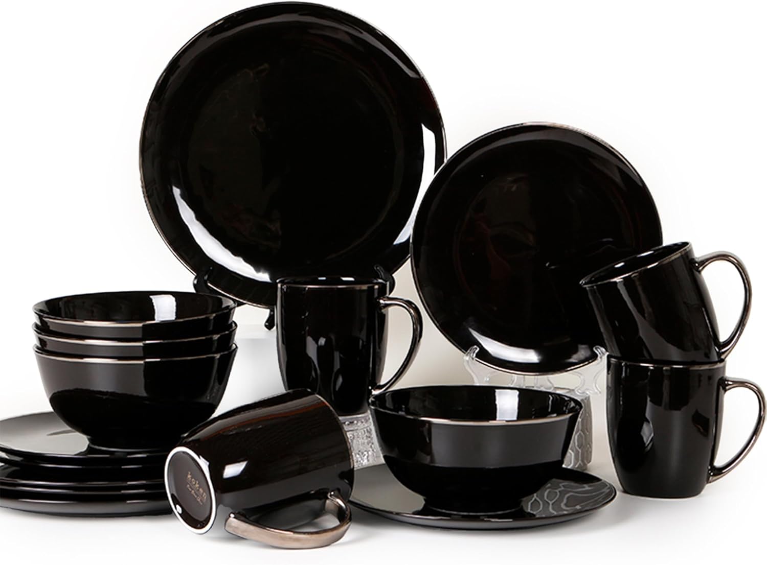 KOKEN Porcelain Dinnerware Set - 16 Pc Round Dinner Set with Mugs, Microwave Safe