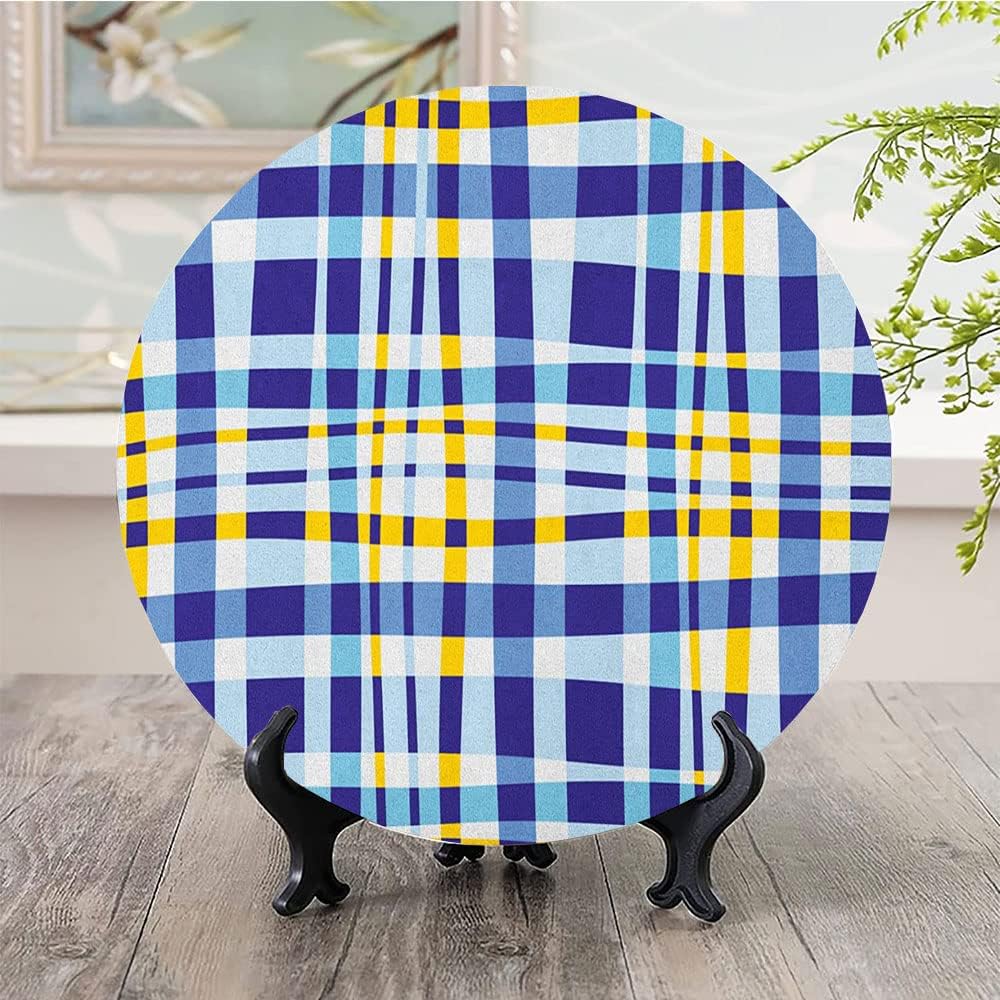 Ceramic Display Plate, Yellow and Blue Ceramic Hanging Decorative Plate, Retro Scottish Checkered Tartan with Color Stripes, 6 Inch, Household Custom Ceramic Plate, Pale and Violet Blue
