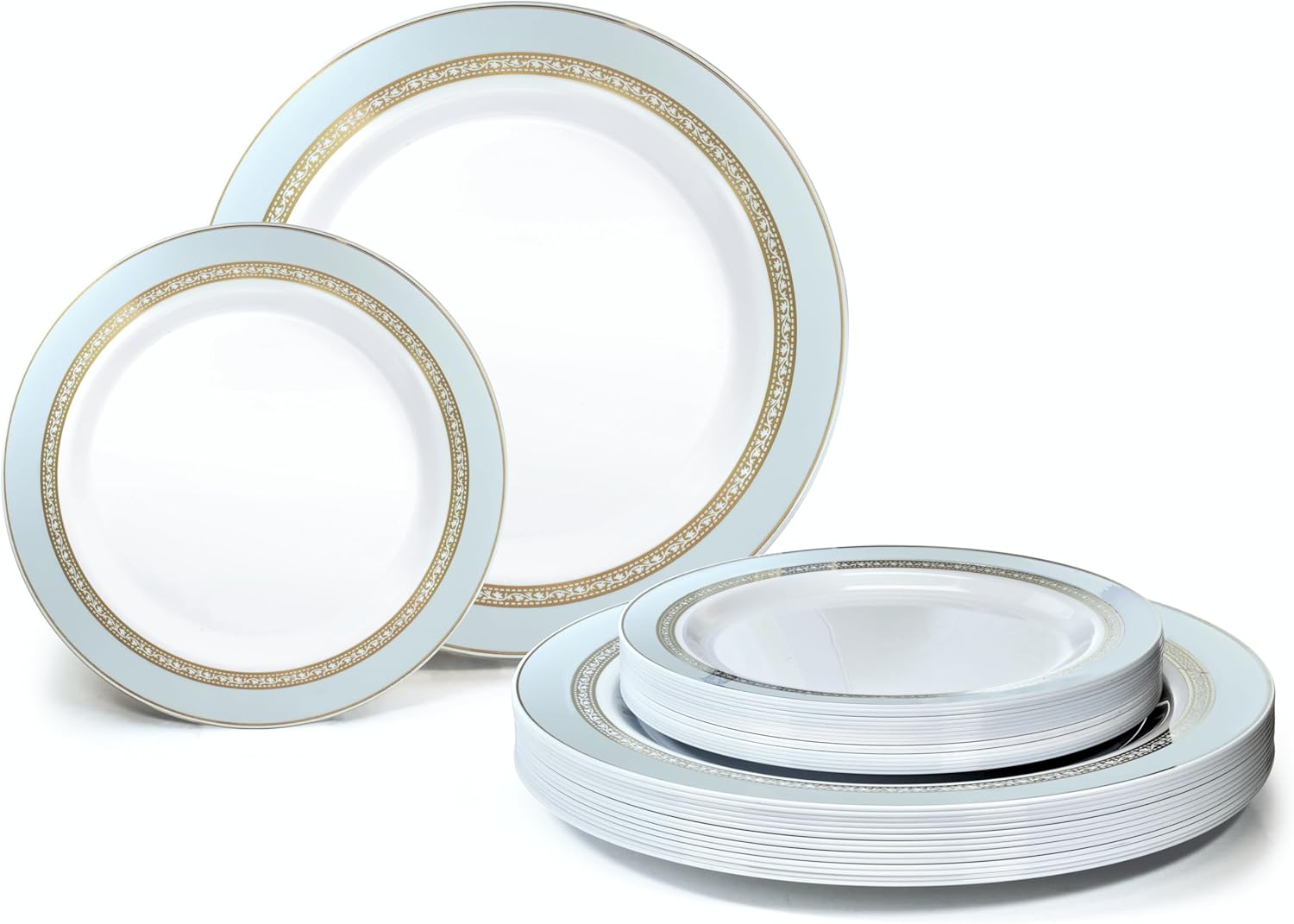" OCCASIONS " 50 Plates Pack (25 Guests)-Heavyweight Wedding Party Disposable Plastic Plate Set -25 x 10.5'' Dinner + 25 x 7.5'' Salad/dessert plates (Ritz Blue and Gold)