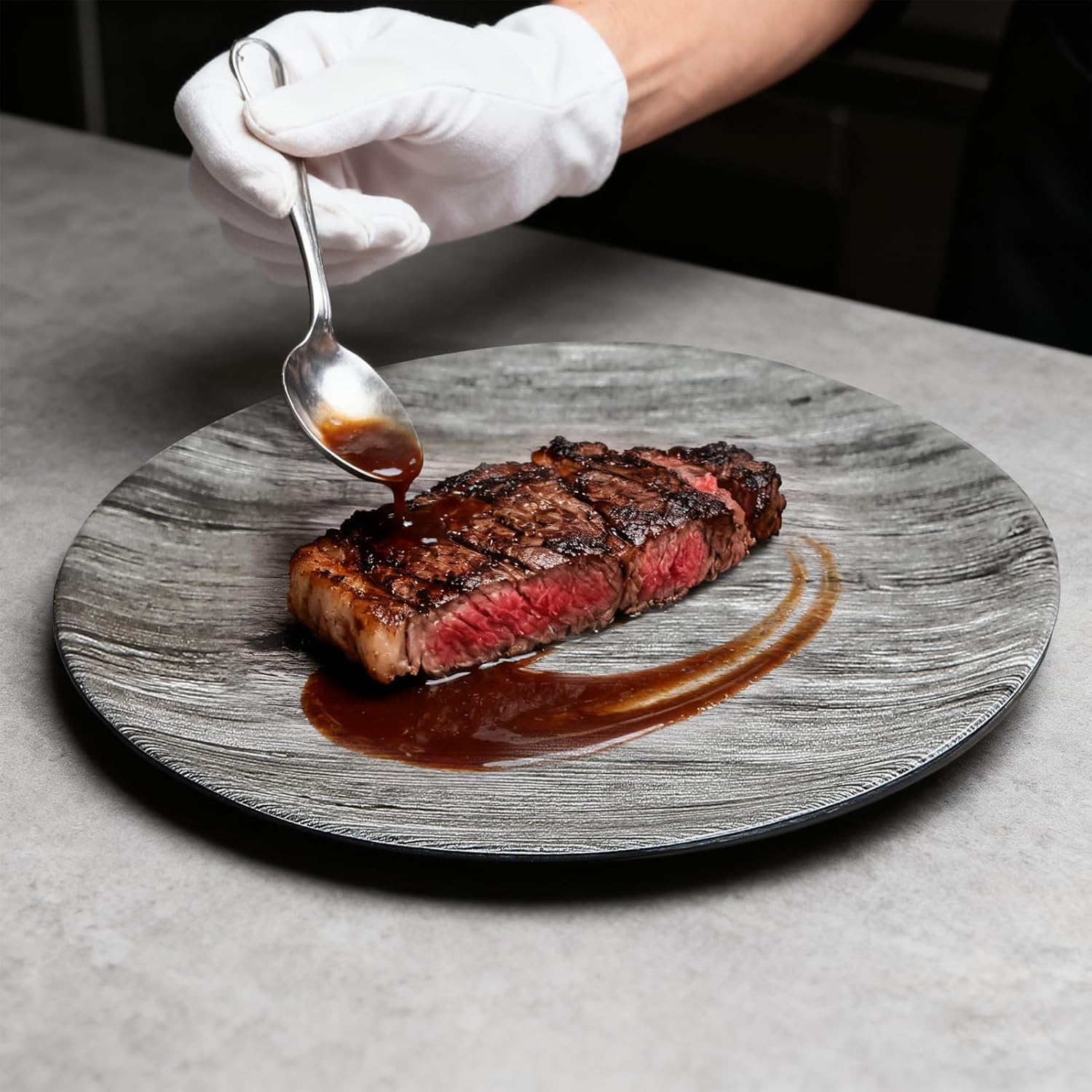 Melamine Dinnerware Set – Rustic 12 Piece Plates and Bowls, Heavy Duty Dishes for Indoor Outdoor Use, Break-Resistant, Dishwasher Safe，Black Wood Grain