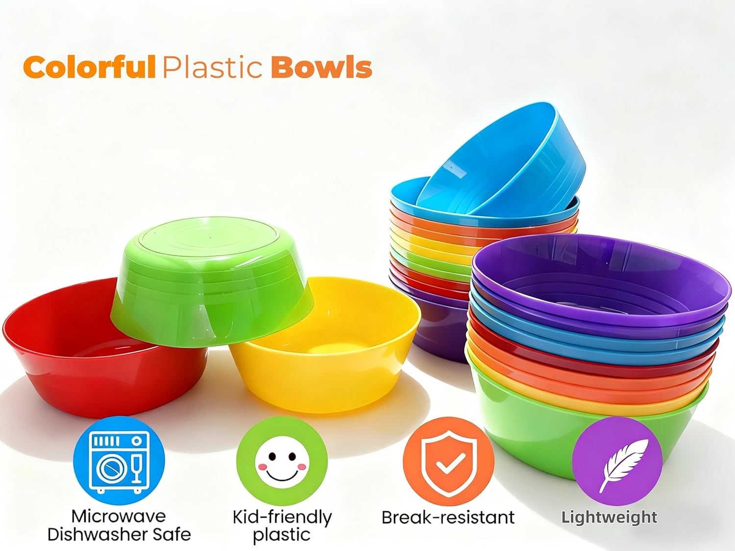 Kid Plastic Bowls 10 oz Reusable Cereal Snack Bowls Microwave Dishwasher Safe Toddler Baby Colorful Soup Bowl,Salad Dessert Soup Supplies,24 Packs 6 Colors